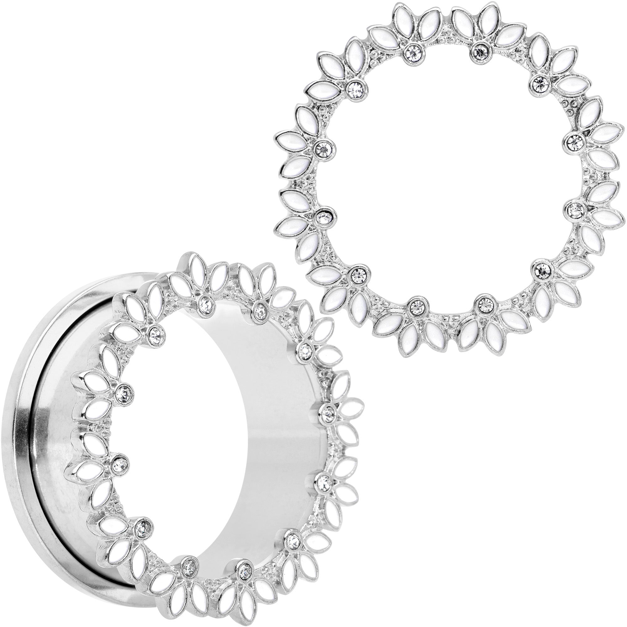BodyCandy Clear Gem White Leaves Screw Fit Tunnel Plug Set — detail close-up