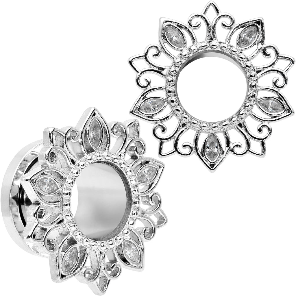 BodyCandy Clear Gem Floral Lotus Screw Fit Tunnel Plug Set — size reference