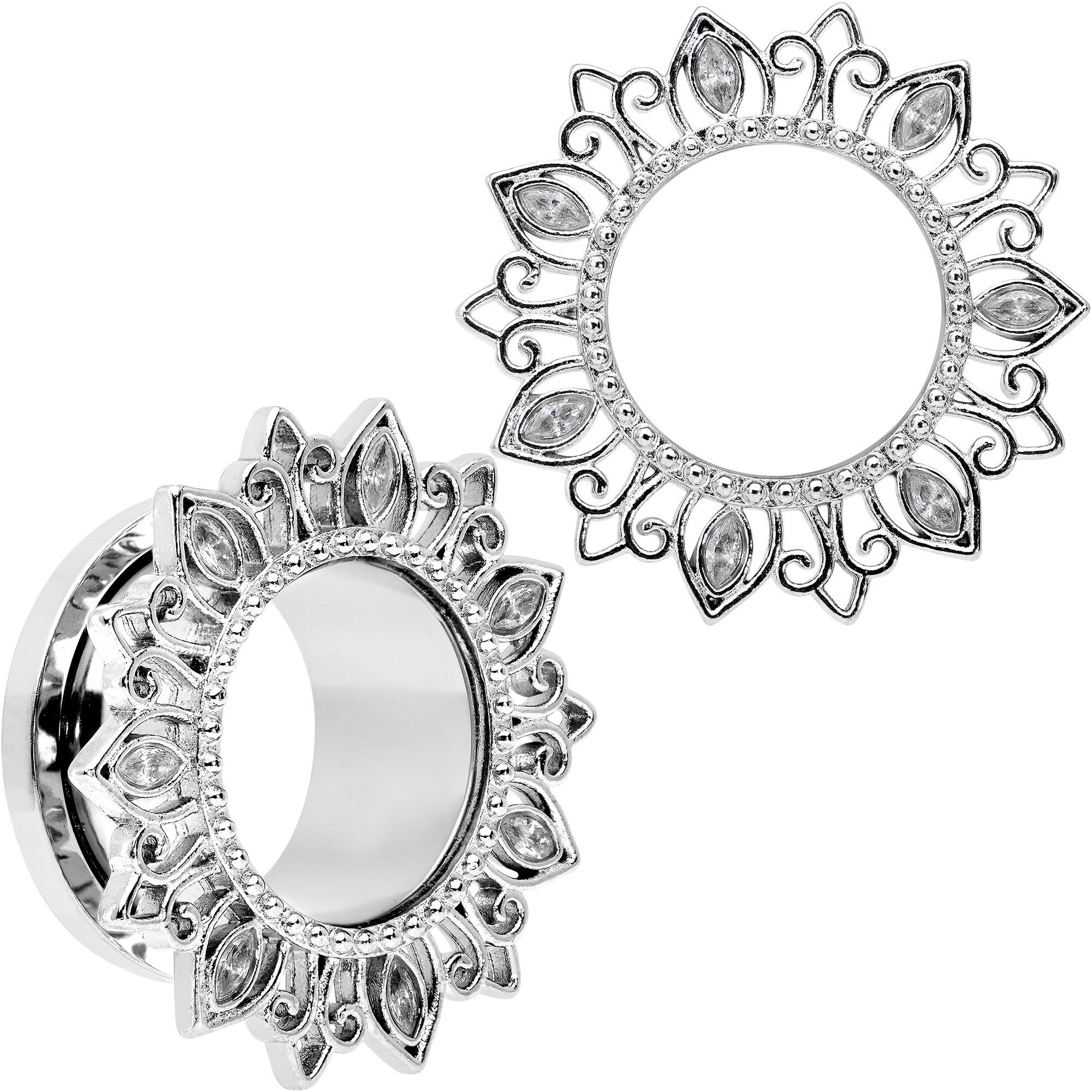 BodyCandy Clear Gem Floral Lotus Screw Fit Tunnel Plug Set — comparison shot