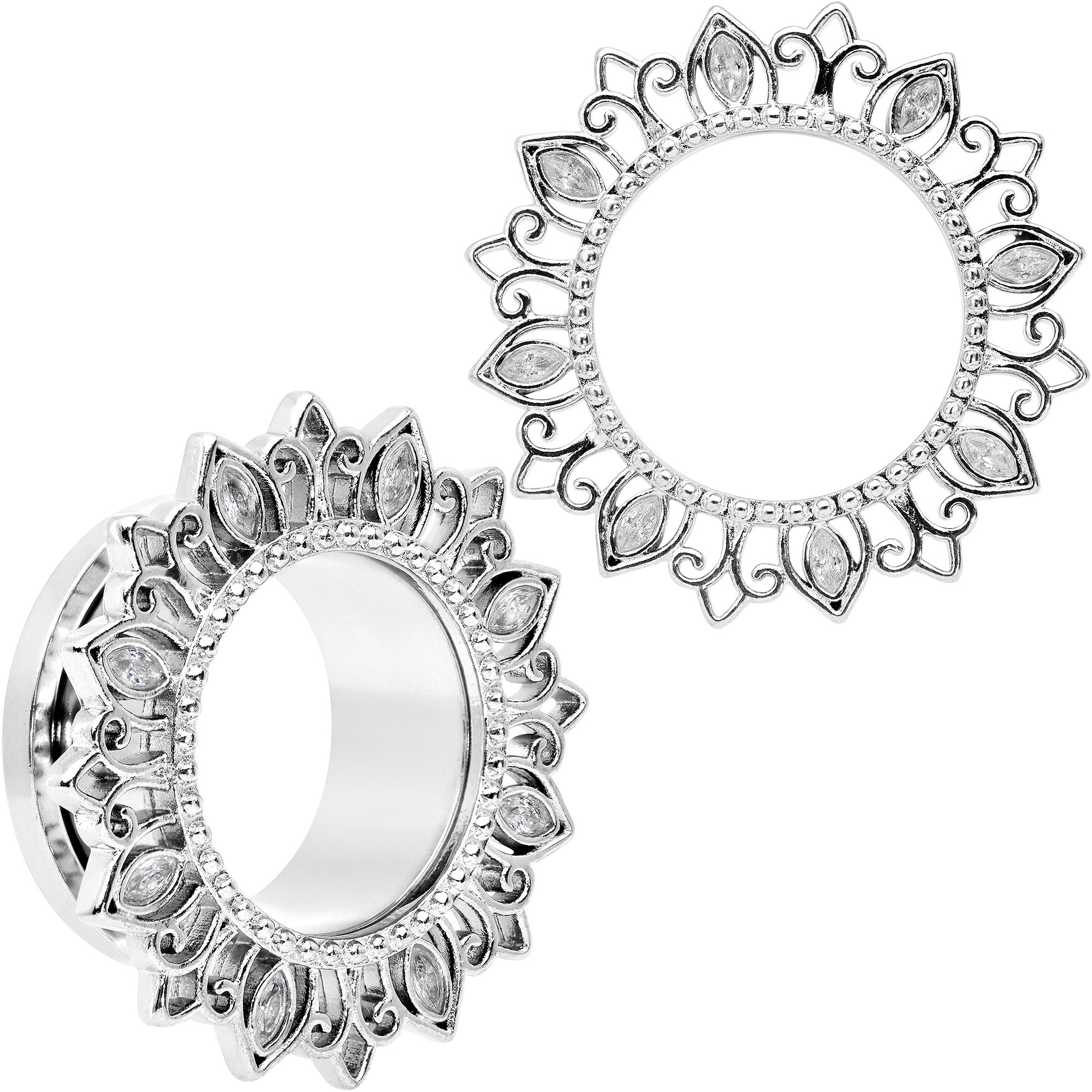 BodyCandy Clear Gem Floral Lotus Screw Fit Tunnel Plug Set — fabric or material detail