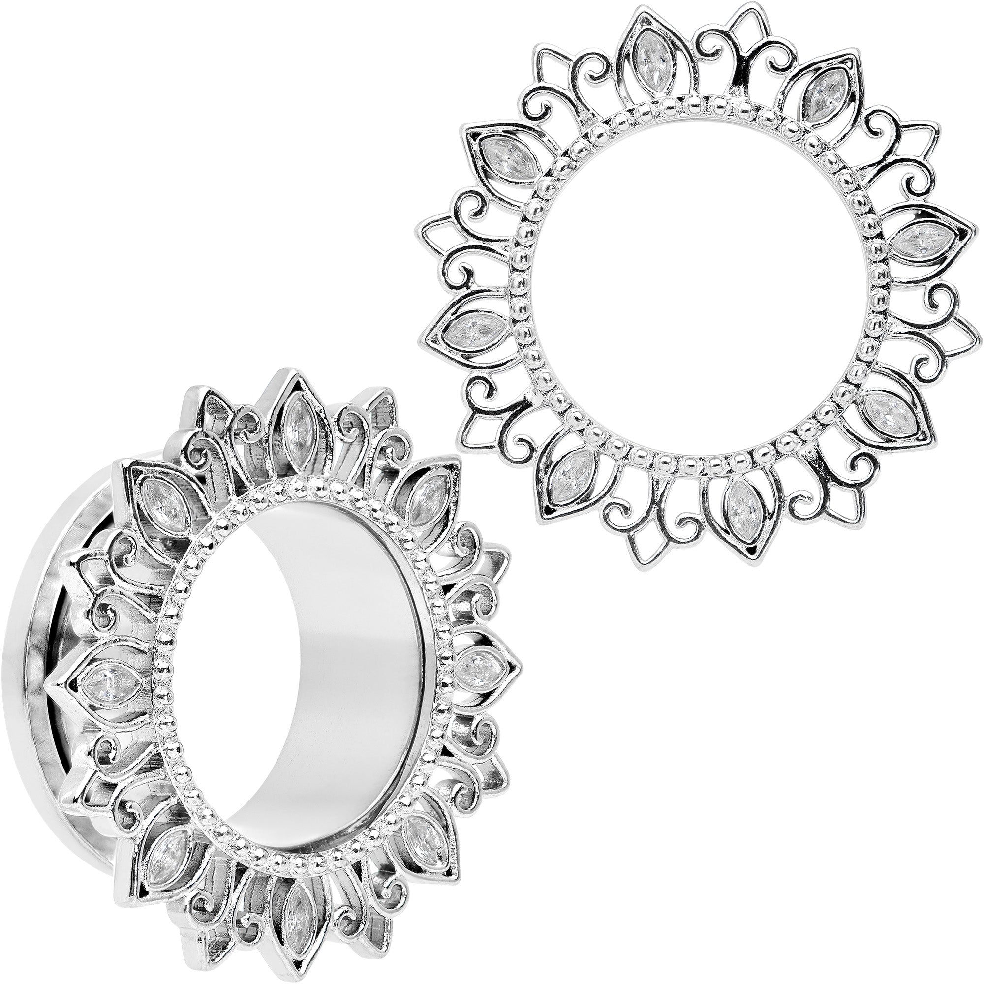 BodyCandy Clear Gem Floral Lotus Screw Fit Tunnel Plug Set — feature highlight