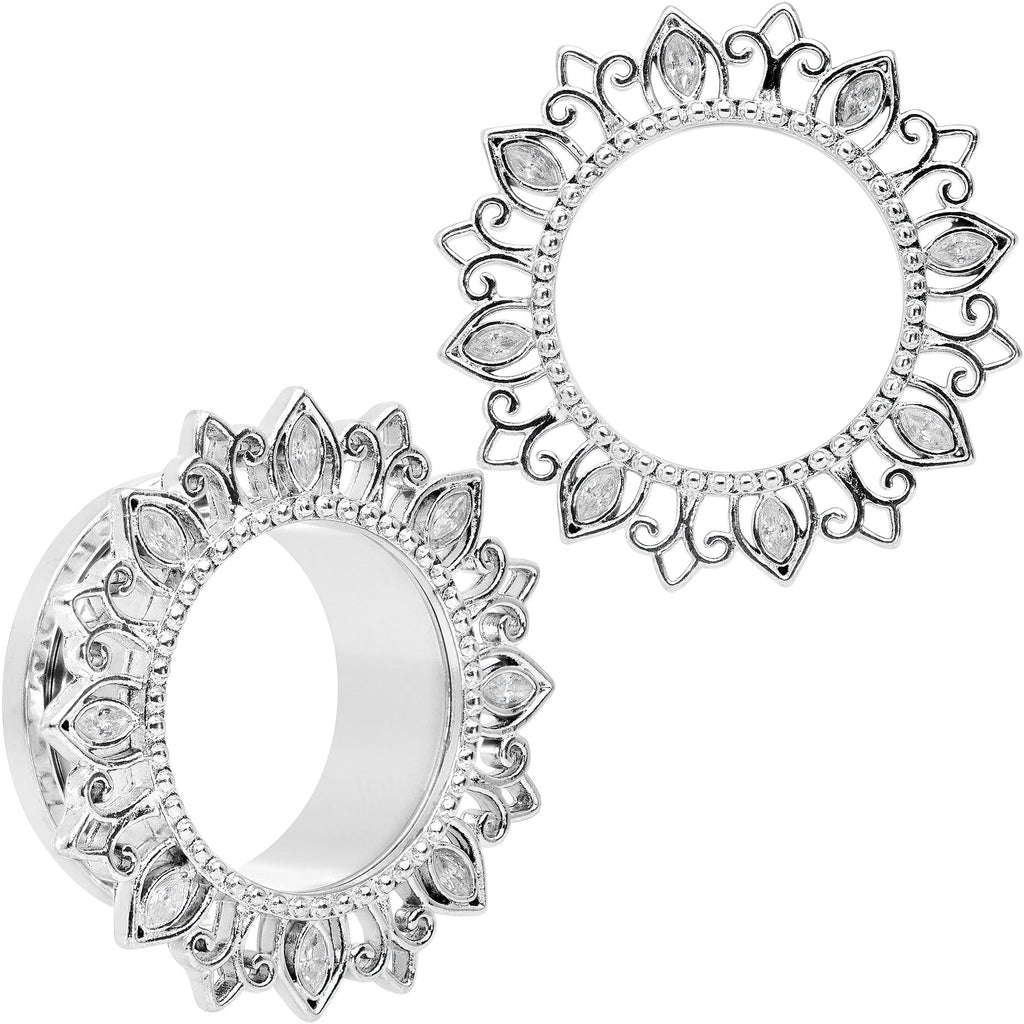 BodyCandy Clear Gem Floral Lotus Screw Fit Tunnel Plug Set — product on model