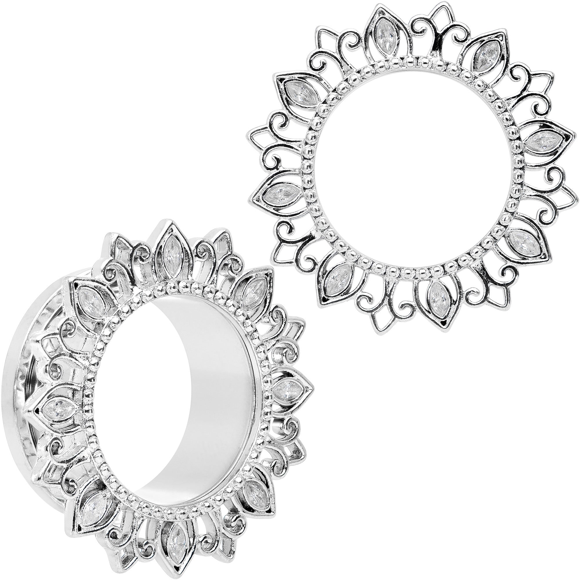 BodyCandy Clear Gem Floral Lotus Screw Fit Tunnel Plug Set — product on model