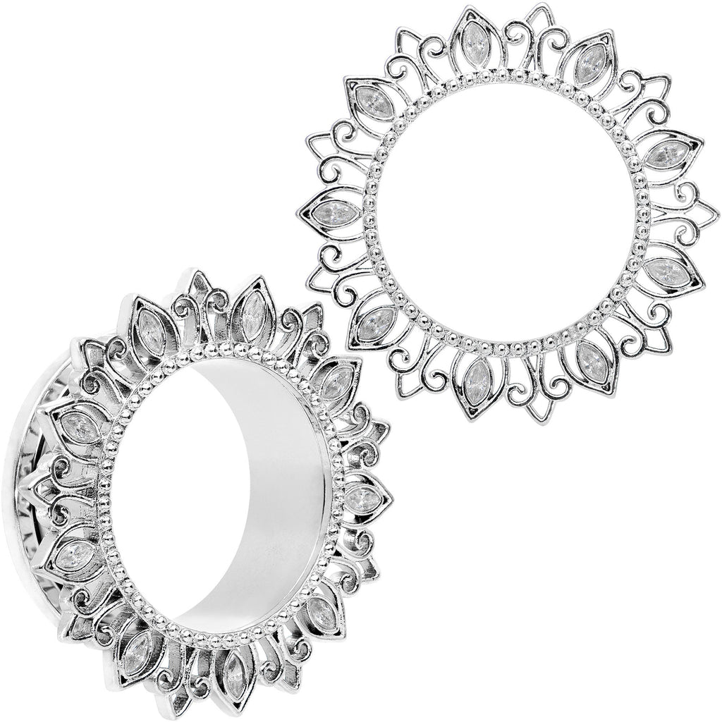 BodyCandy Clear Gem Floral Lotus Screw Fit Tunnel Plug Set — flat-lay composition