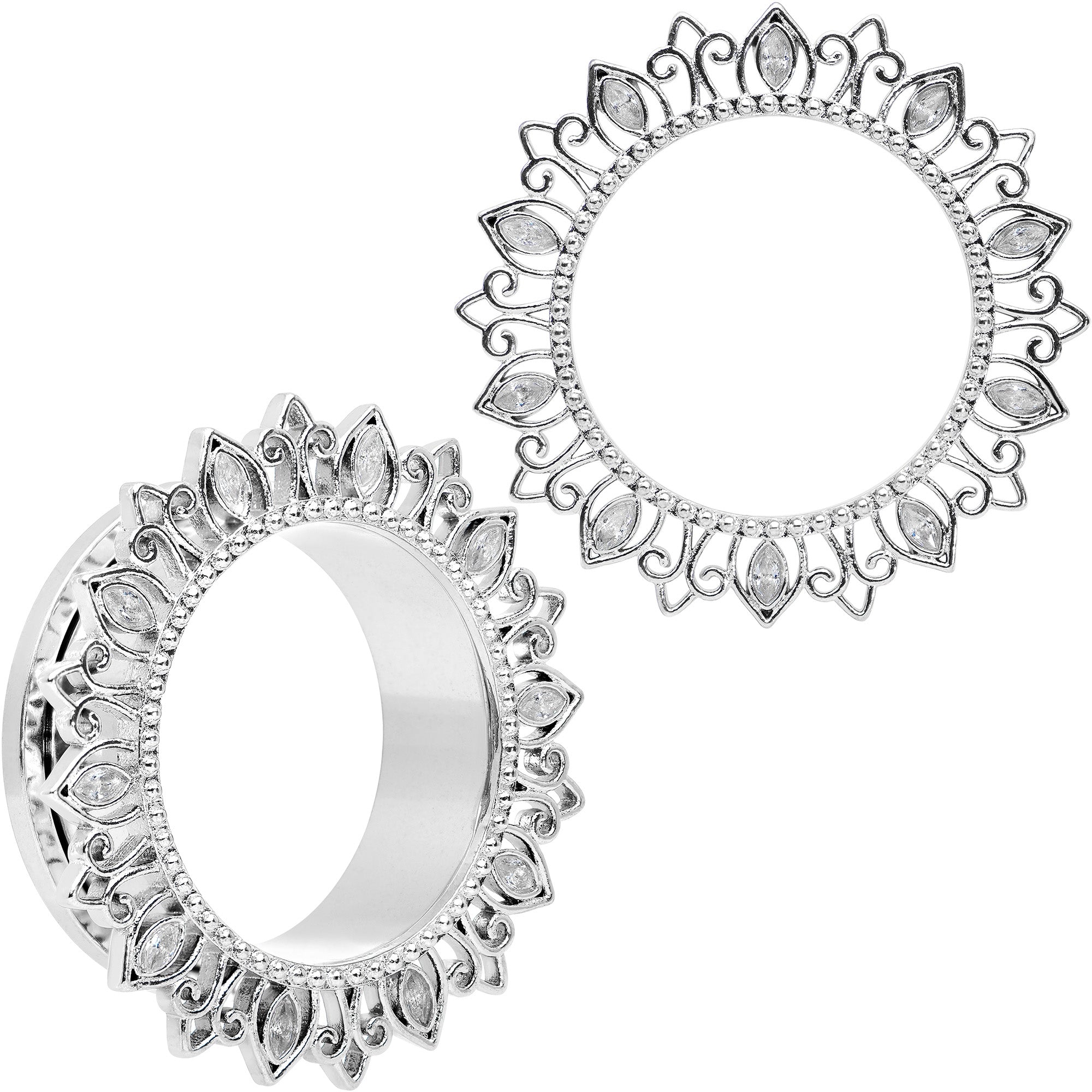 BodyCandy Clear Gem Floral Lotus Screw Fit Tunnel Plug Set — detail close-up