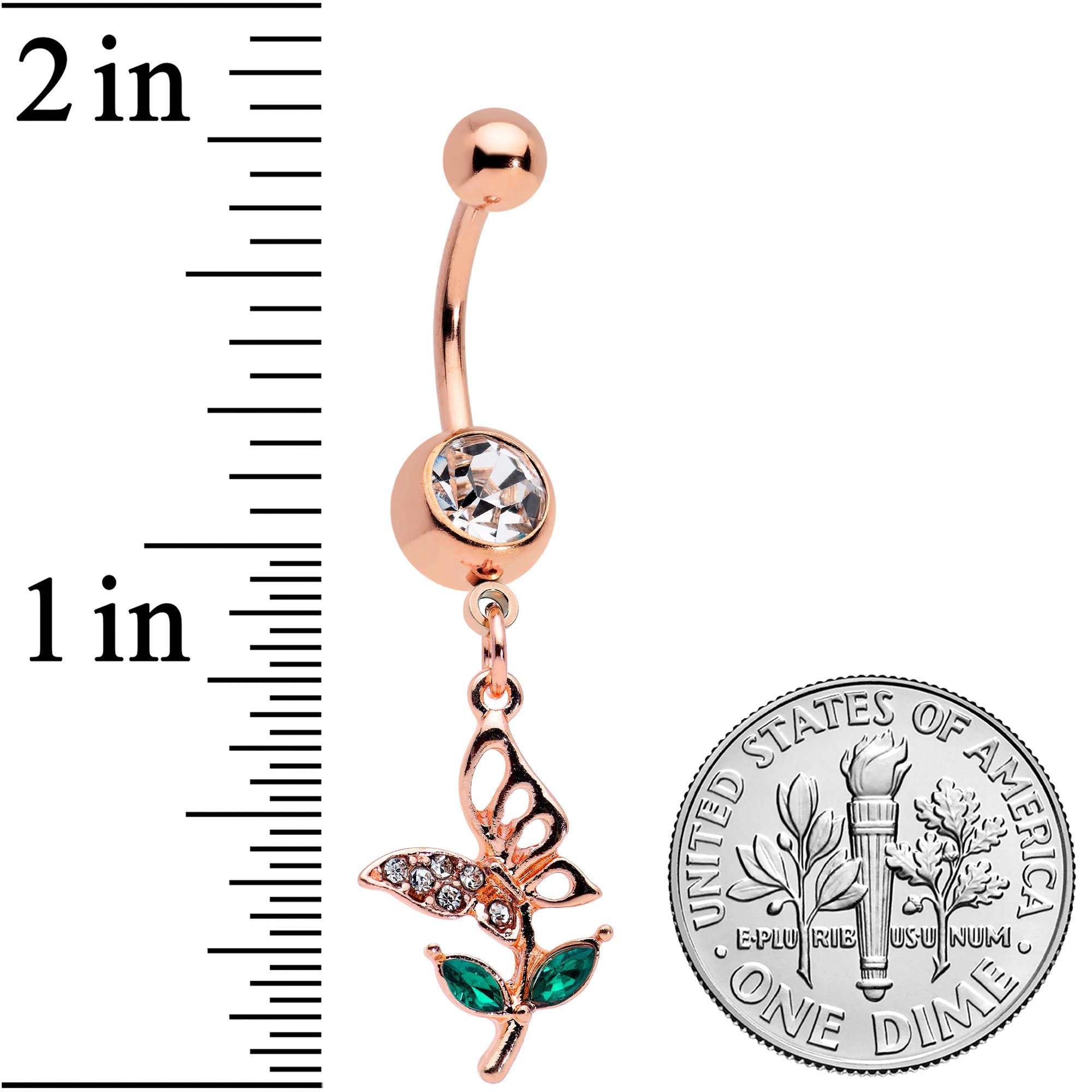 BodyCandy Clear Gem Rose Gold Tone Perching Floral Butterfly Dangle Belly Ring — detail close-up