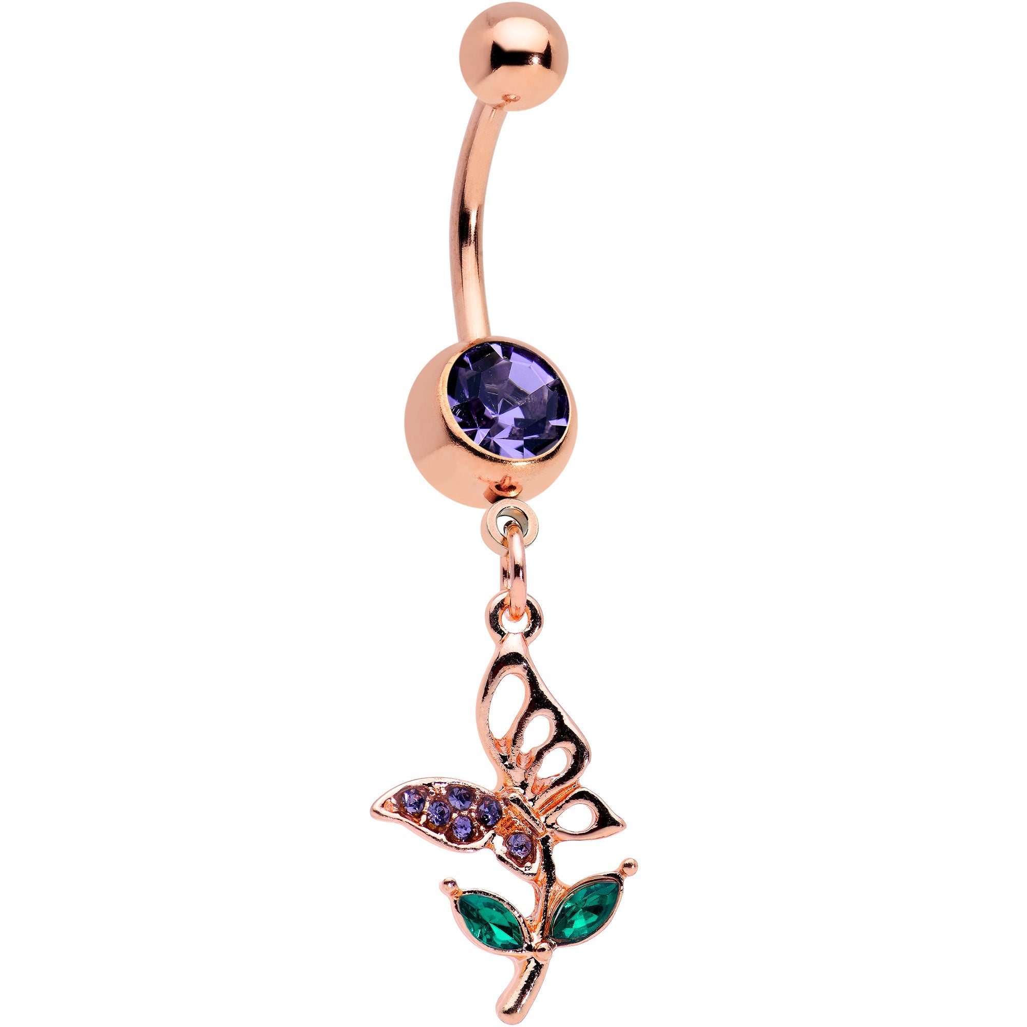 BodyCandy Purple Gem Rose Gold Tone Perching Floral Butterfly Dangle Belly Ring — main product shot