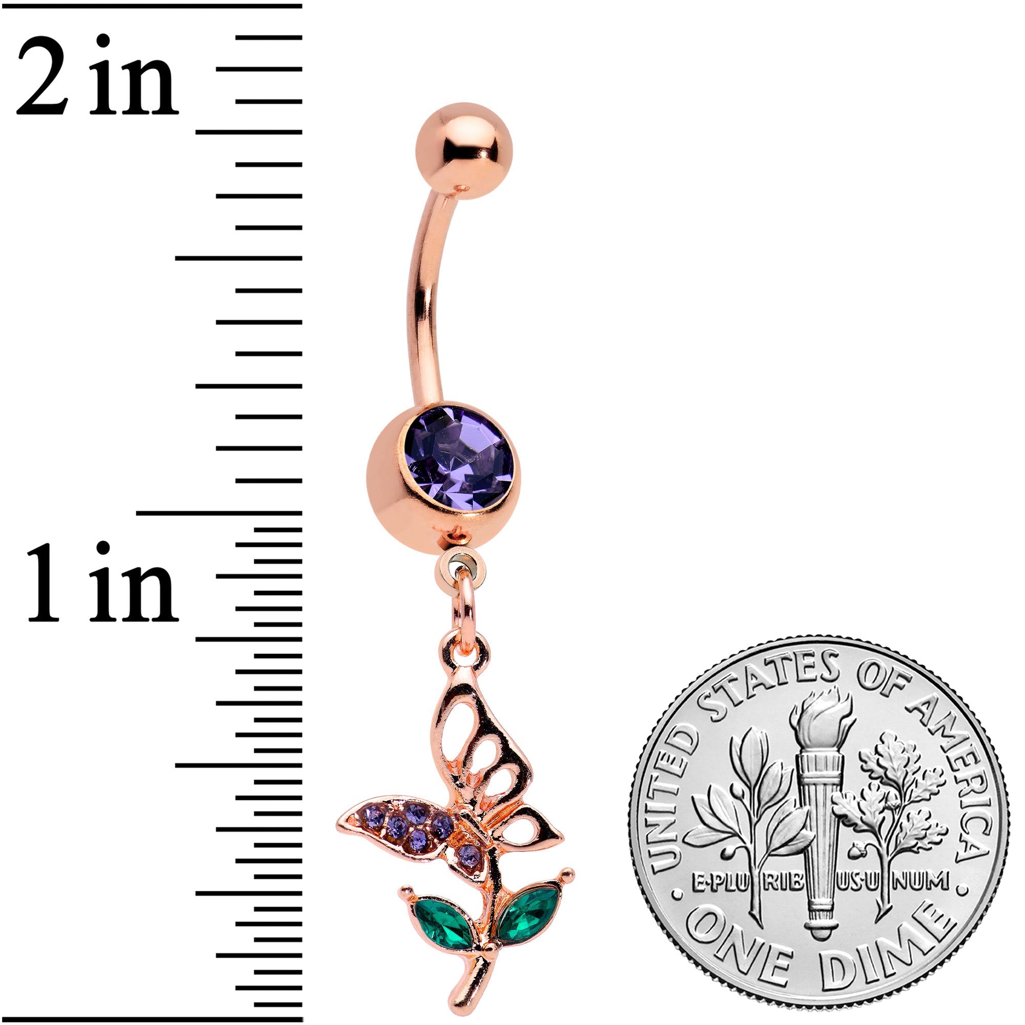 BodyCandy Purple Gem Rose Gold Tone Perching Floral Butterfly Dangle Belly Ring — detail close-up