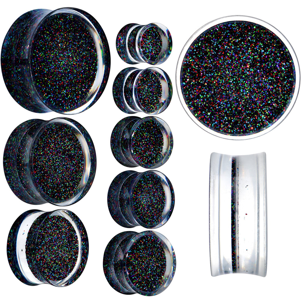 BodyCandy Clear Black Acrylic Rainbow Glitter Glam Saddle Plug Set — main product shot