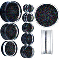 BodyCandy Clear Black Acrylic Rainbow Glitter Glam Saddle Plug Set — main product shot