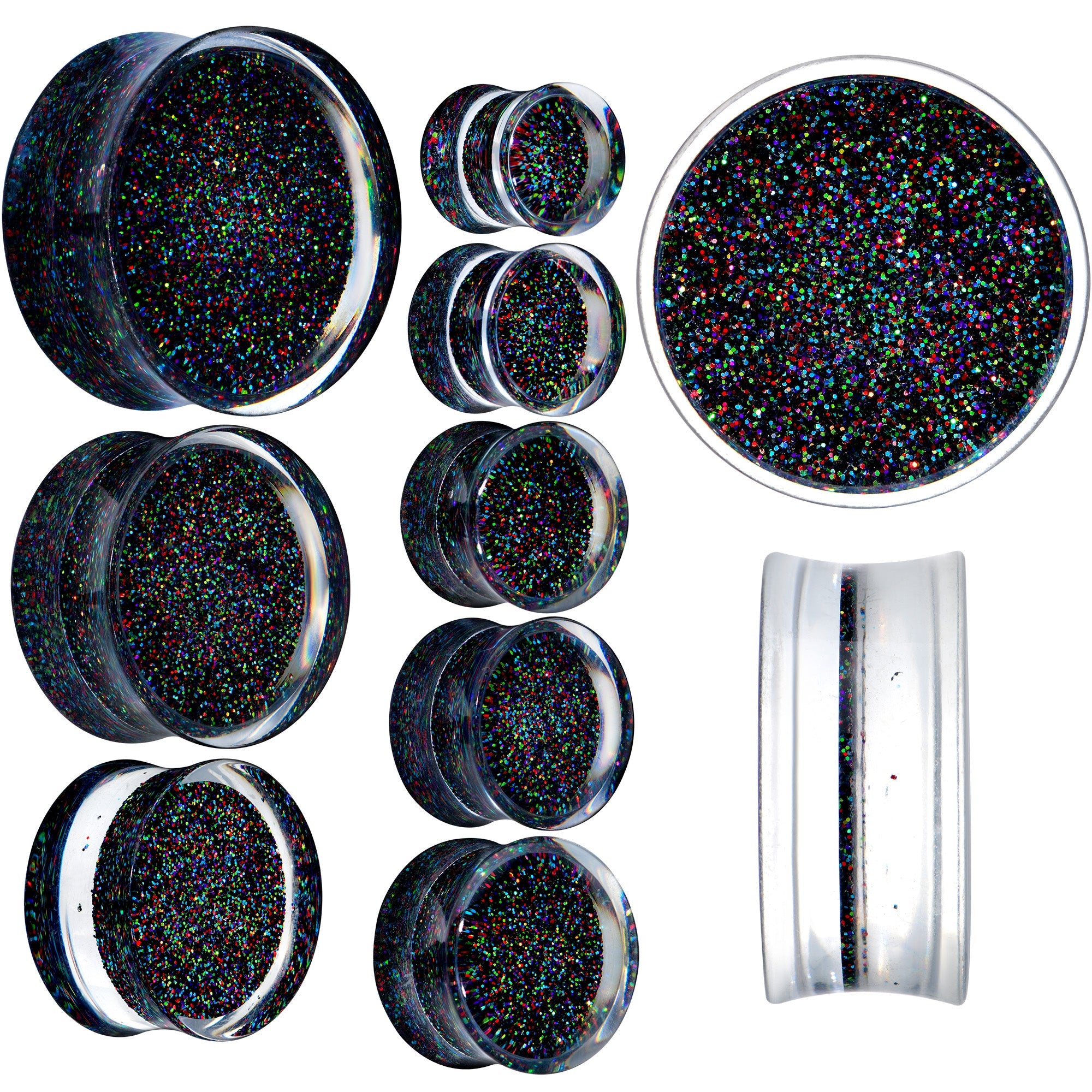 BodyCandy Clear Black Acrylic Rainbow Glitter Glam Saddle Plug Set — main product shot