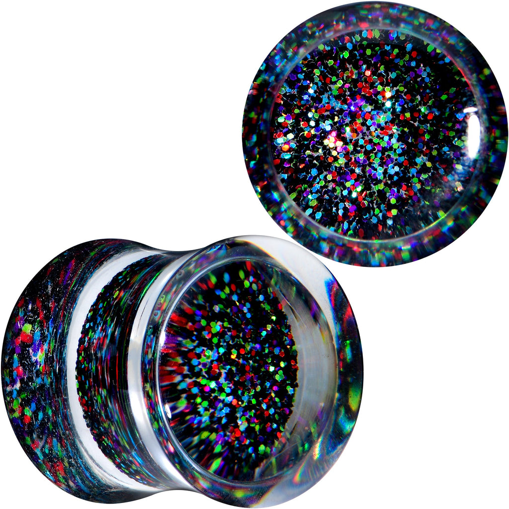 BodyCandy Clear Black Acrylic Rainbow Glitter Glam Saddle Plug Set — detail close-up
