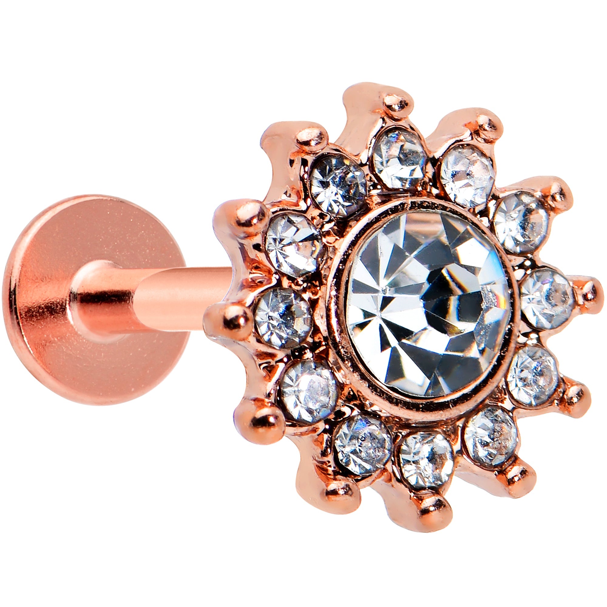 BodyCandy 16G 1/4 Clear Gem Rose Gold Tone Stylish Sun Labret Monroe Tragus — main product shot