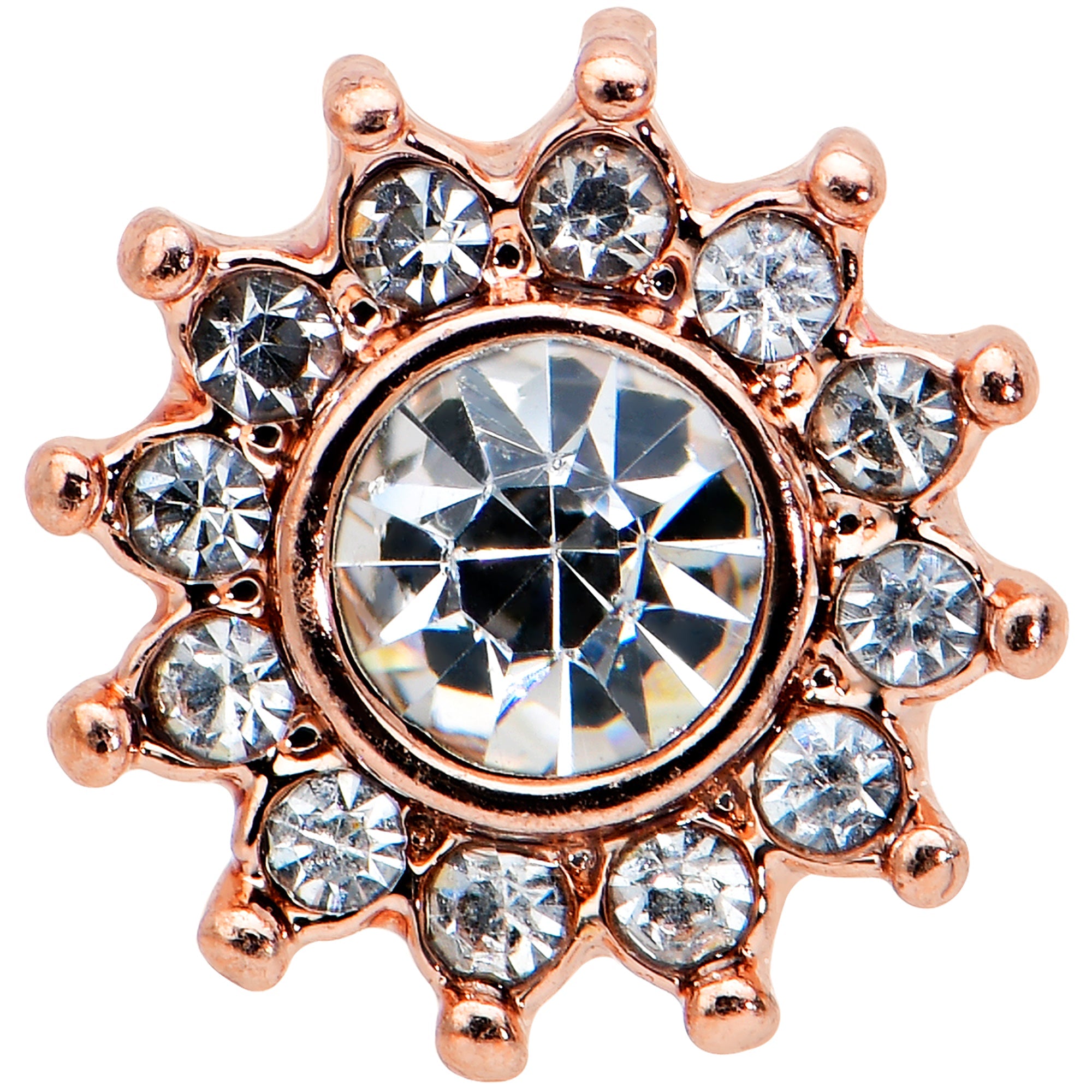 BodyCandy 16G 1/4 Clear Gem Rose Gold Tone Stylish Sun Labret Monroe Tragus — detail close-up