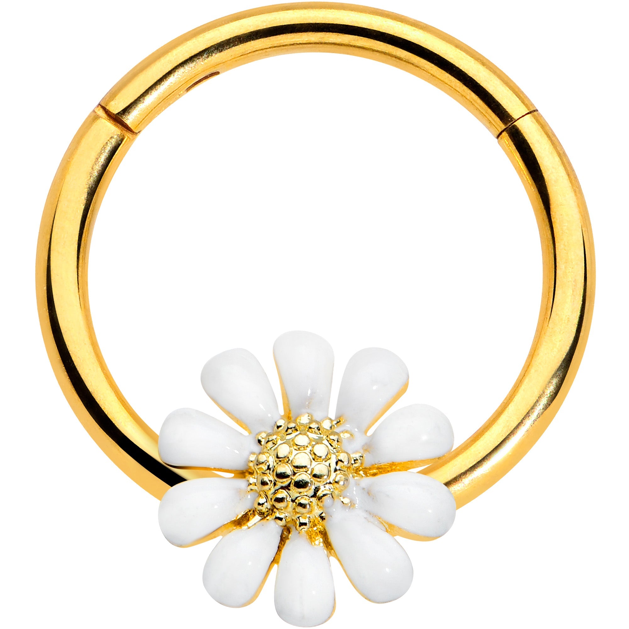 BodyCandy 16G 3/8 Gold Tone Innocence White Flower Hinged Segment Ring — main product shot
