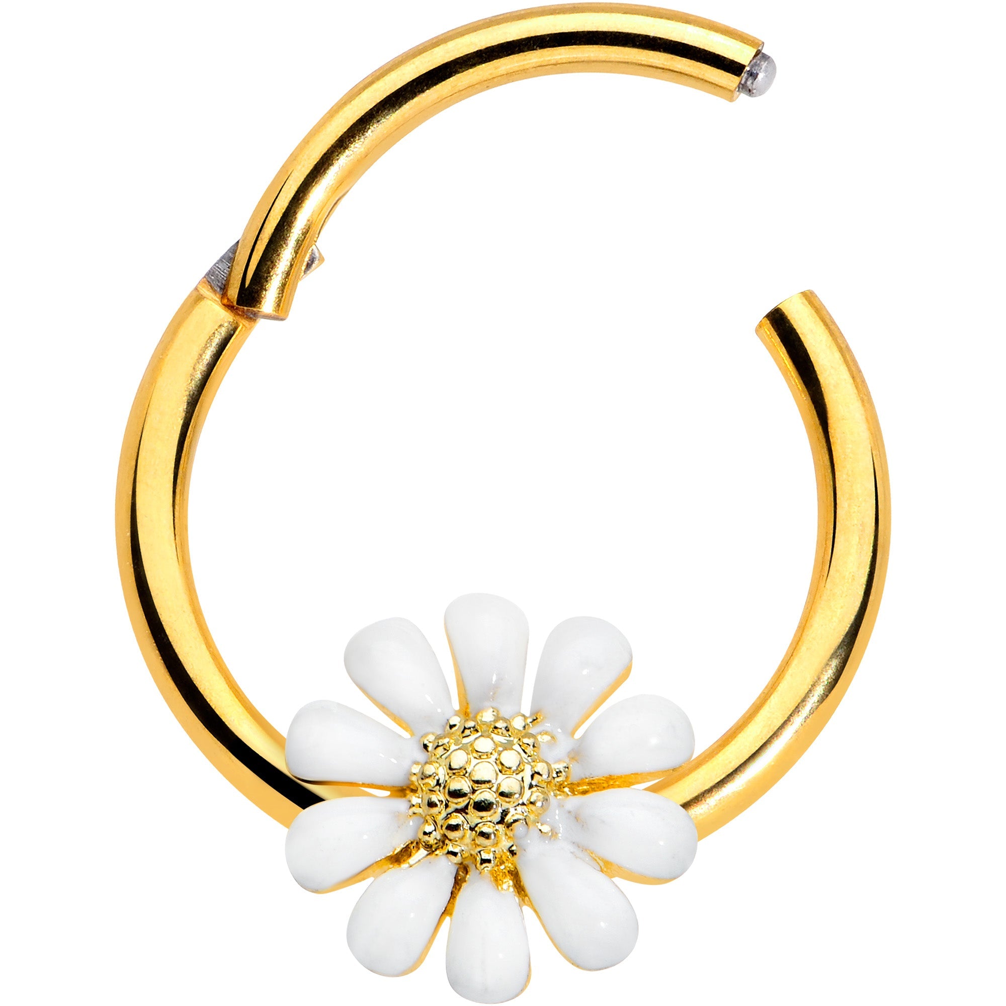BodyCandy 16G 3/8 Gold Tone Innocence White Flower Hinged Segment Ring — detail close-up