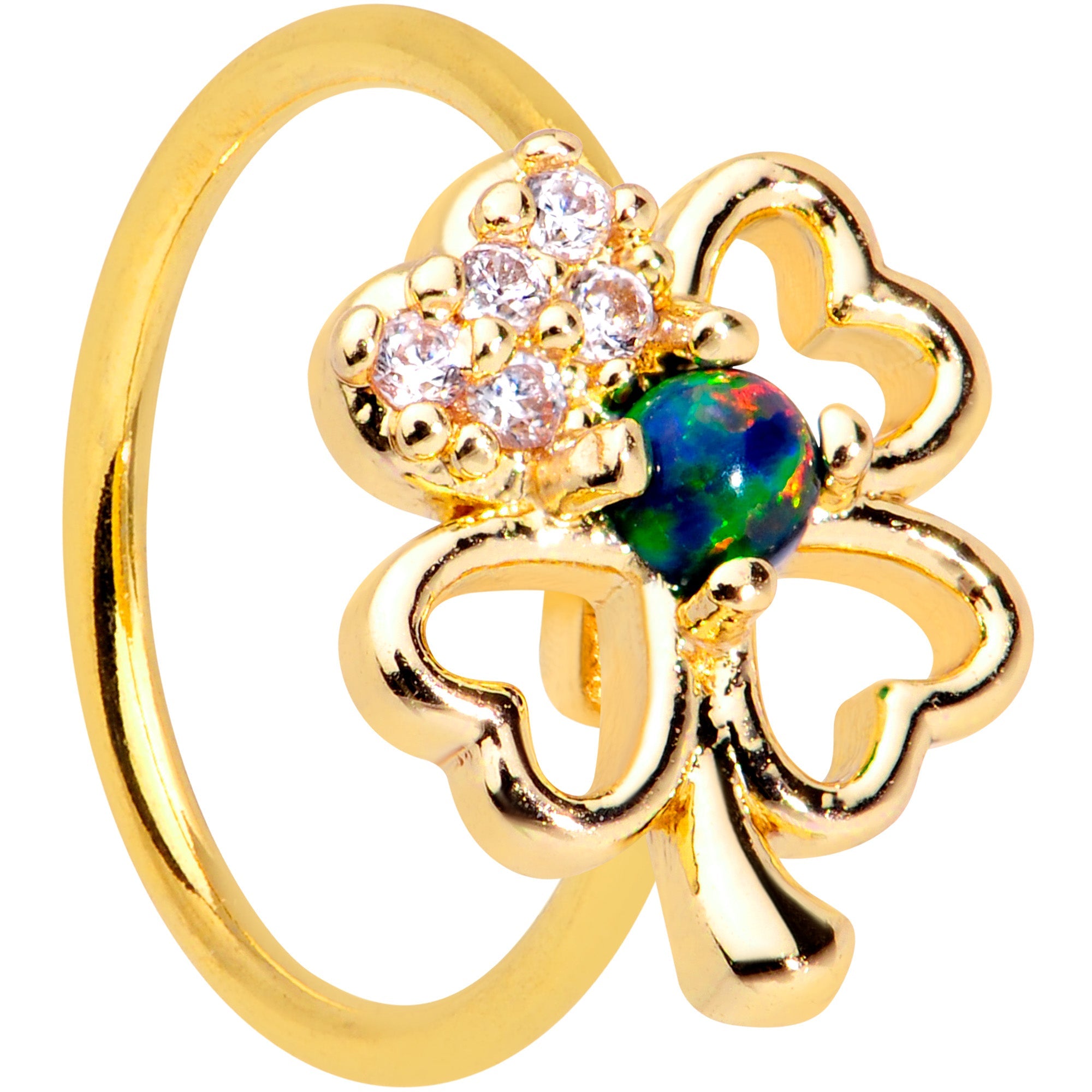 BodyCandy 20G 5/16 Green Synth Opal Gold Tone Shamrock St Patricks Nose Hoop — main product shot