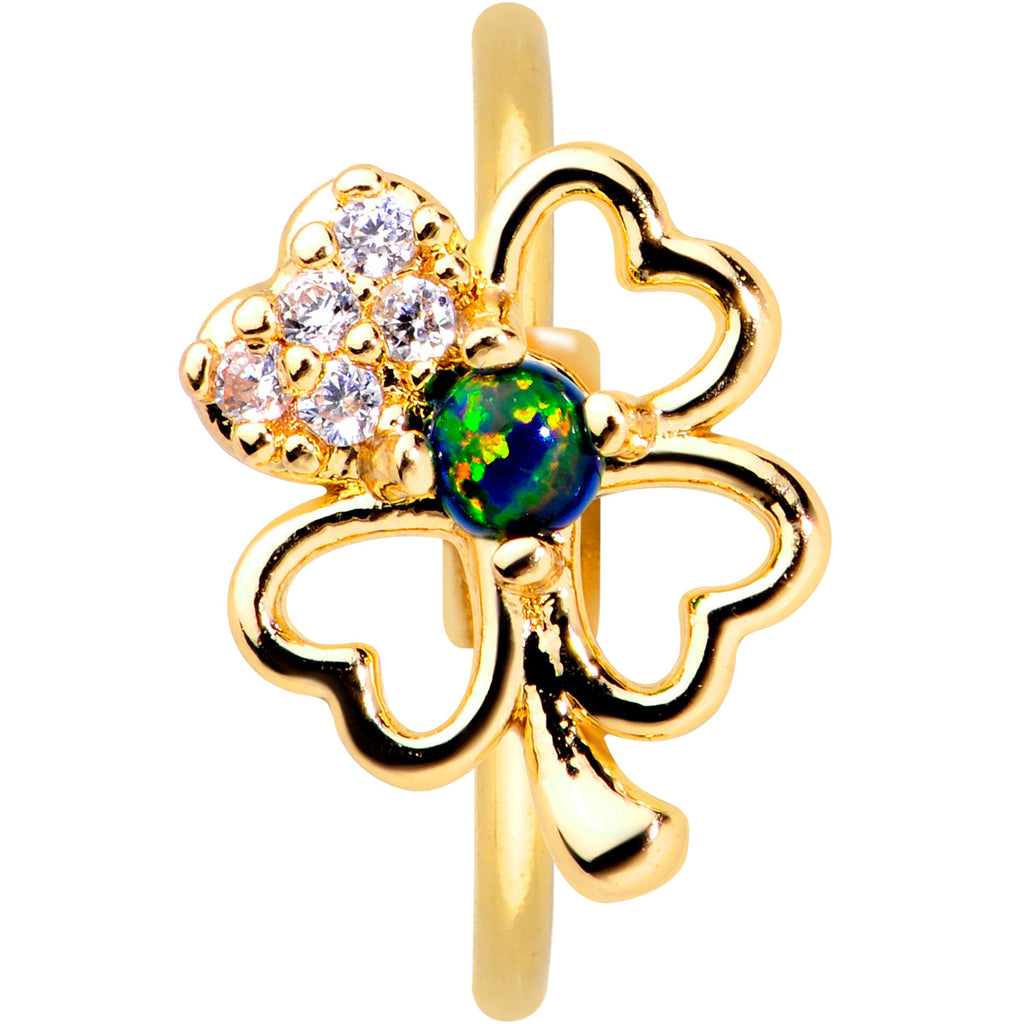 BodyCandy 20G 5/16 Green Synth Opal Gold Tone Shamrock St Patricks Nose Hoop — detail close-up