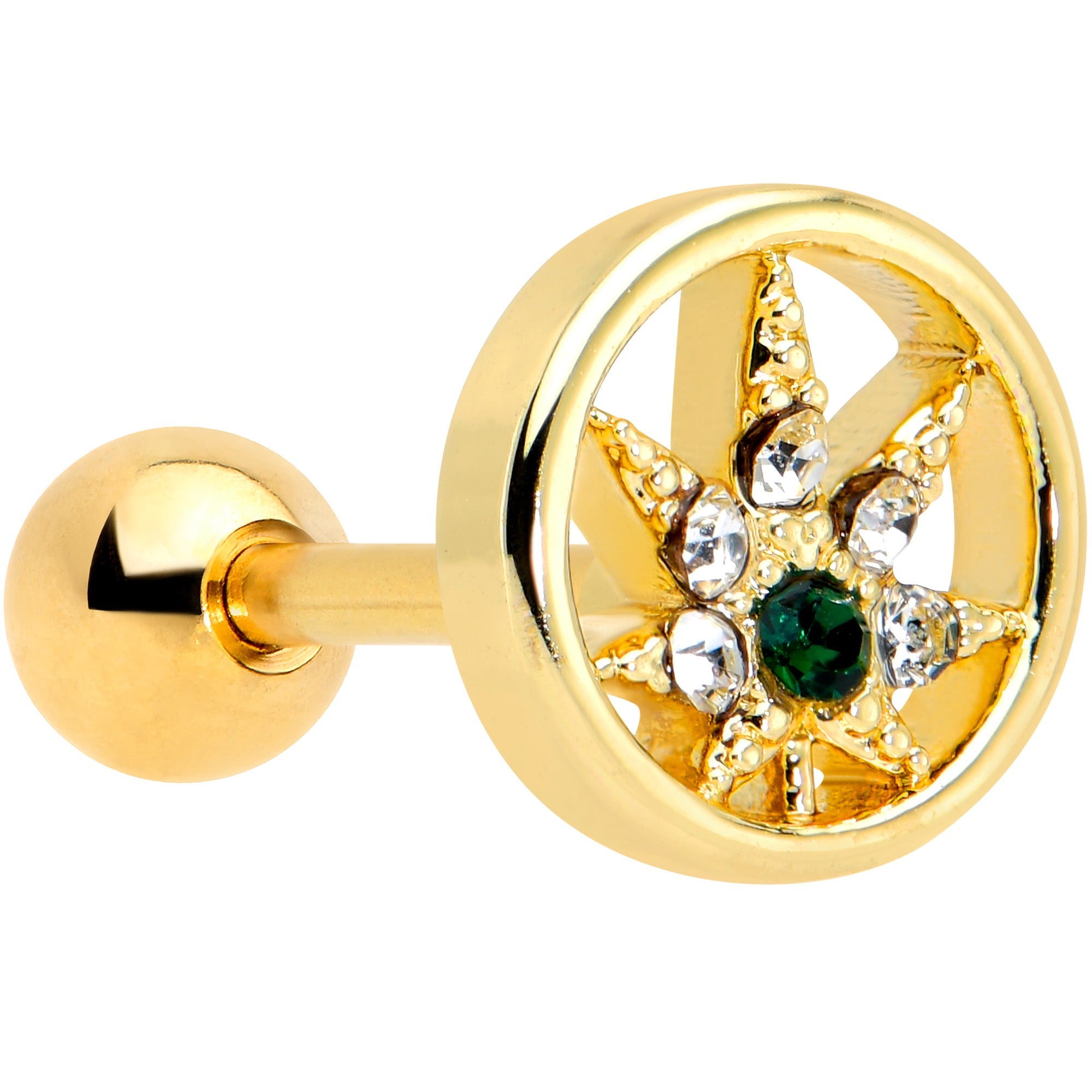 BodyCandy 16G 1/4 Clear Green Gem Gold Hue Pot Leaf Circle Cartilage Tragus — main product shot