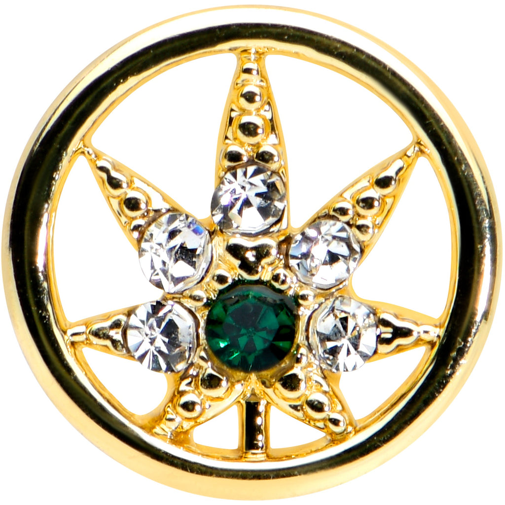 BodyCandy 16G 1/4 Clear Green Gem Gold Hue Pot Leaf Circle Cartilage Tragus — detail close-up