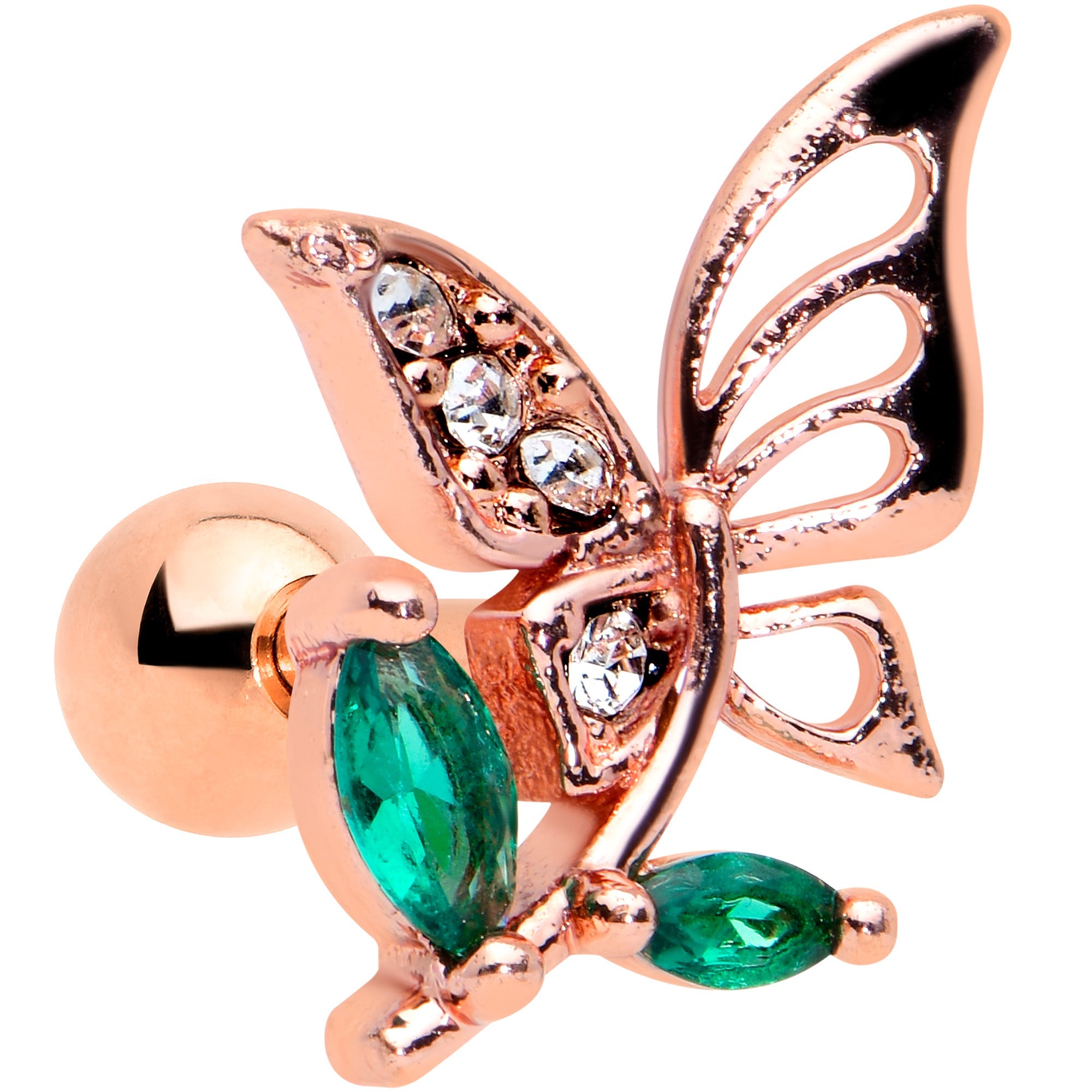 BodyCandy 16G 1/4 Clear Gem Rose Gold Hue Floral Butterfly Cartilage Tragus — main product shot