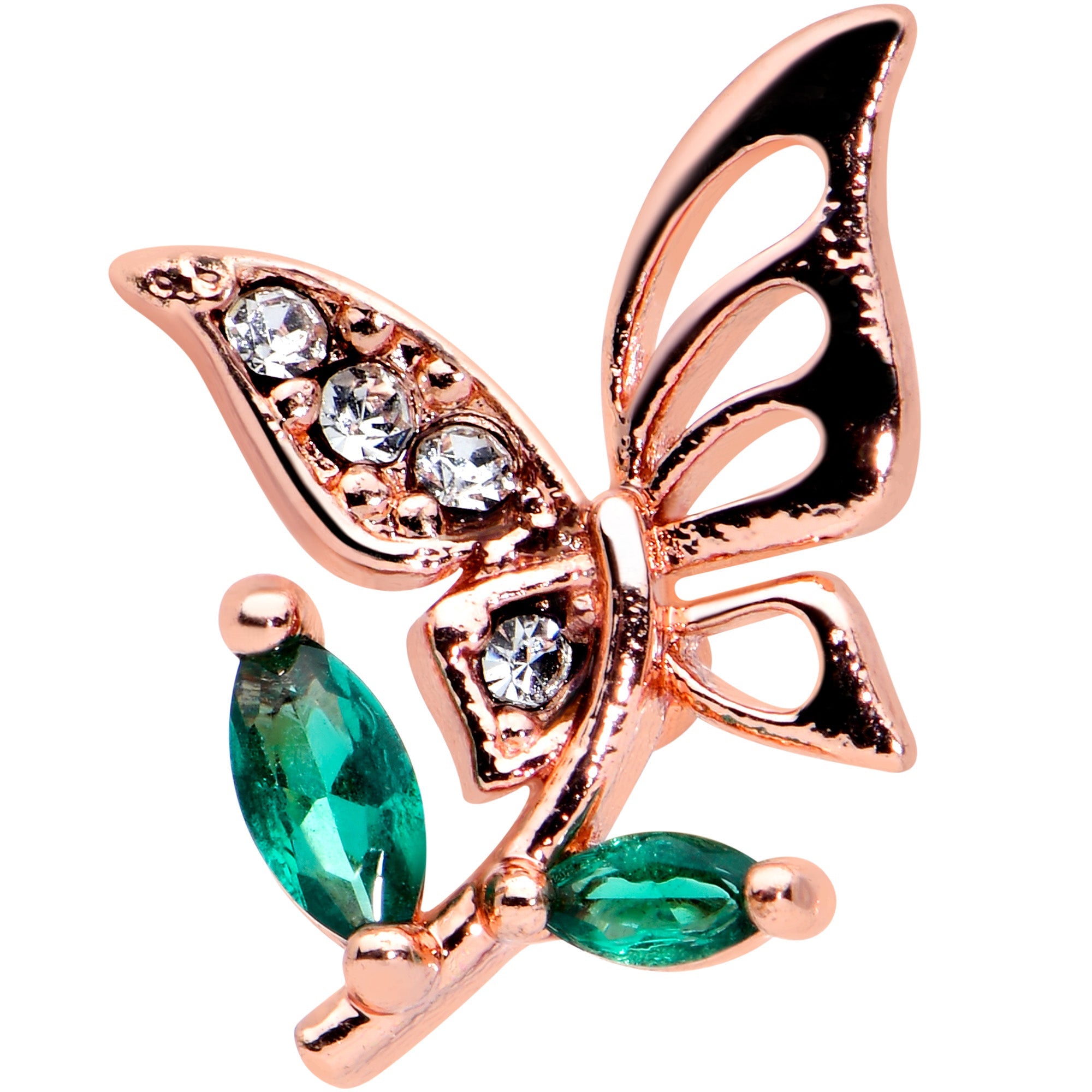 BodyCandy 16G 1/4 Clear Gem Rose Gold Hue Floral Butterfly Cartilage Tragus — detail close-up