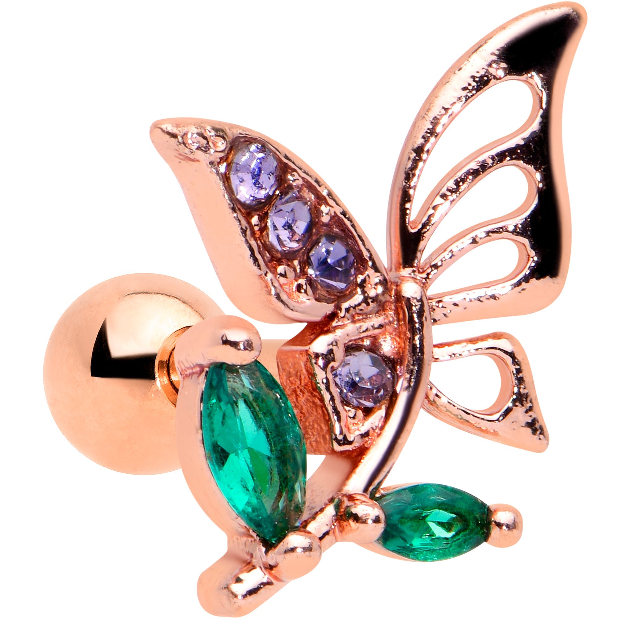 BodyCandy 16G 1/4 Purple Gem Rose Gold Hue Floral Butterfly Cartilage Tragus — main product shot
