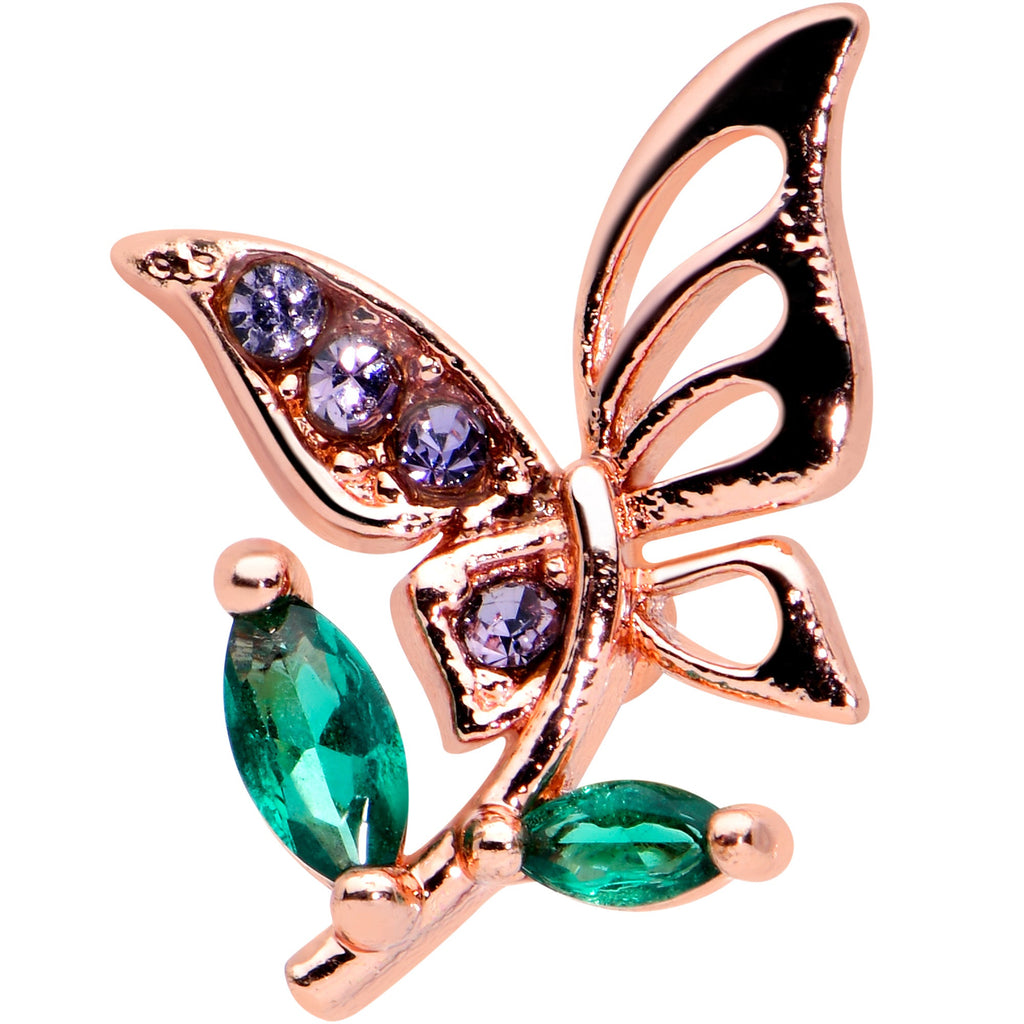 BodyCandy 16G 1/4 Purple Gem Rose Gold Hue Floral Butterfly Cartilage Tragus — detail close-up