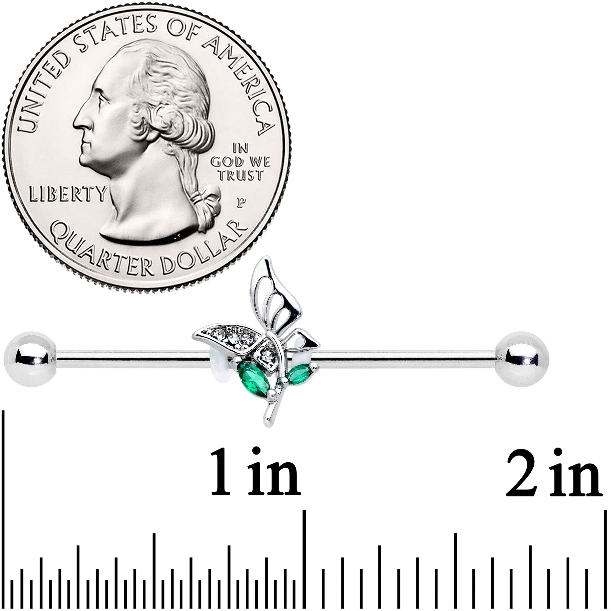 BodyCandy 14G Clear Green Gem Floral Butterfly Industrial Barbell 38mm — detail close-up