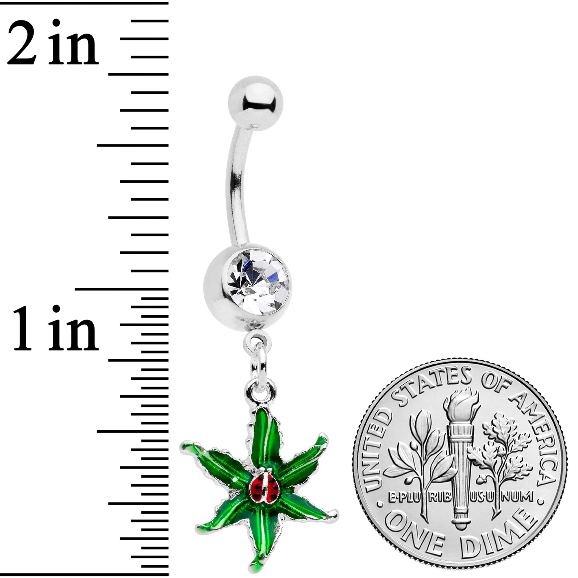 BodyCandy Clear Gem Tiny Ladybug Leaves Dangle Belly Ring — detail close-up