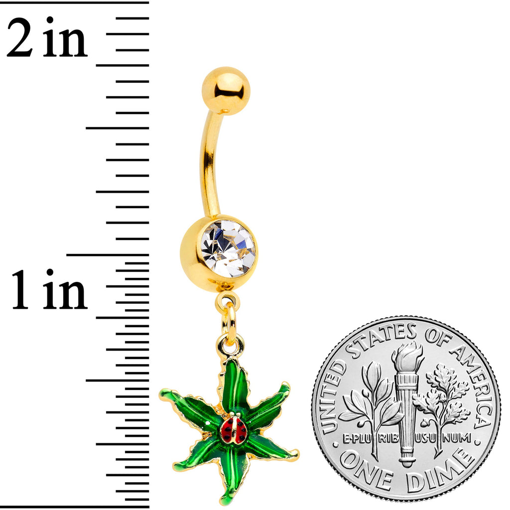 BodyCandy Clear Gem Gold Tone Tiny Ladybug Leaves Dangle Belly Ring — detail close-up
