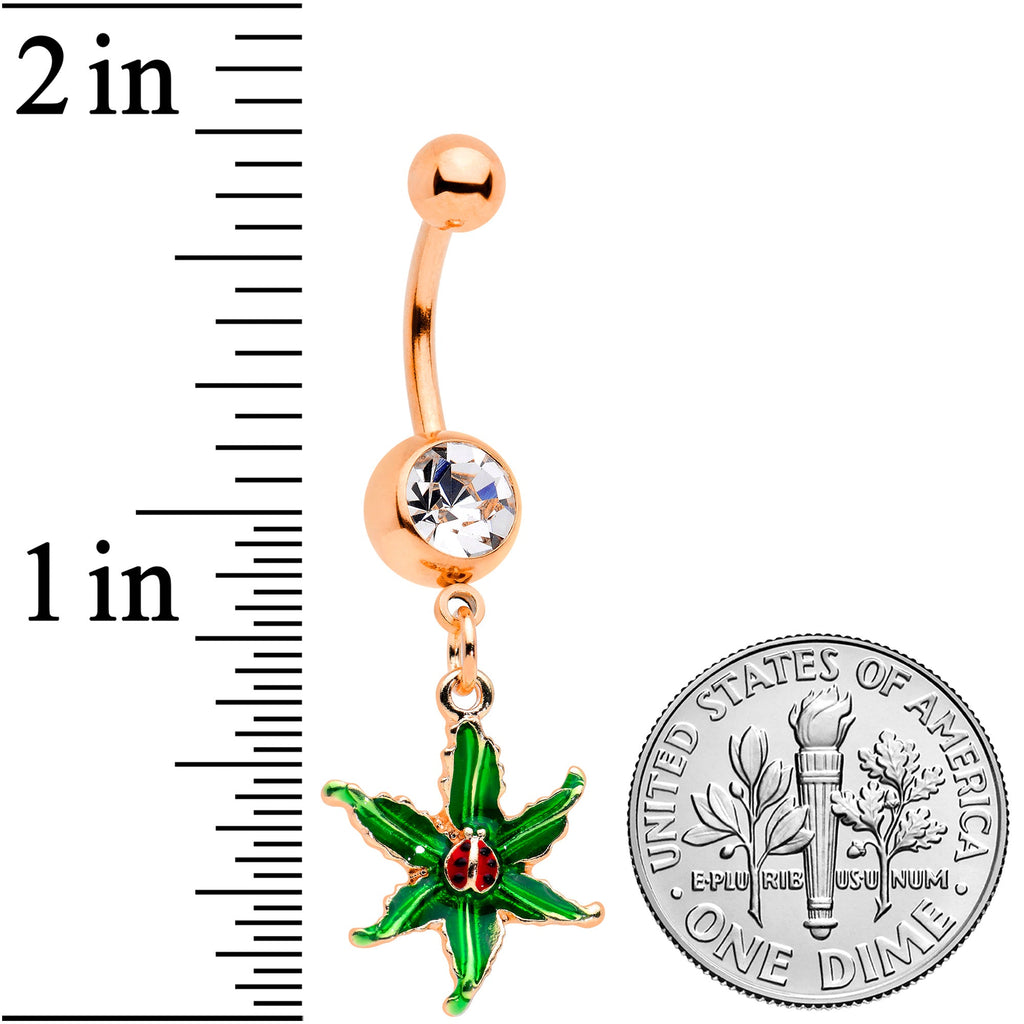 BodyCandy Clear Gem Rose Gold Tone Tiny Ladybug Leaves Dangle Belly Ring — detail close-up