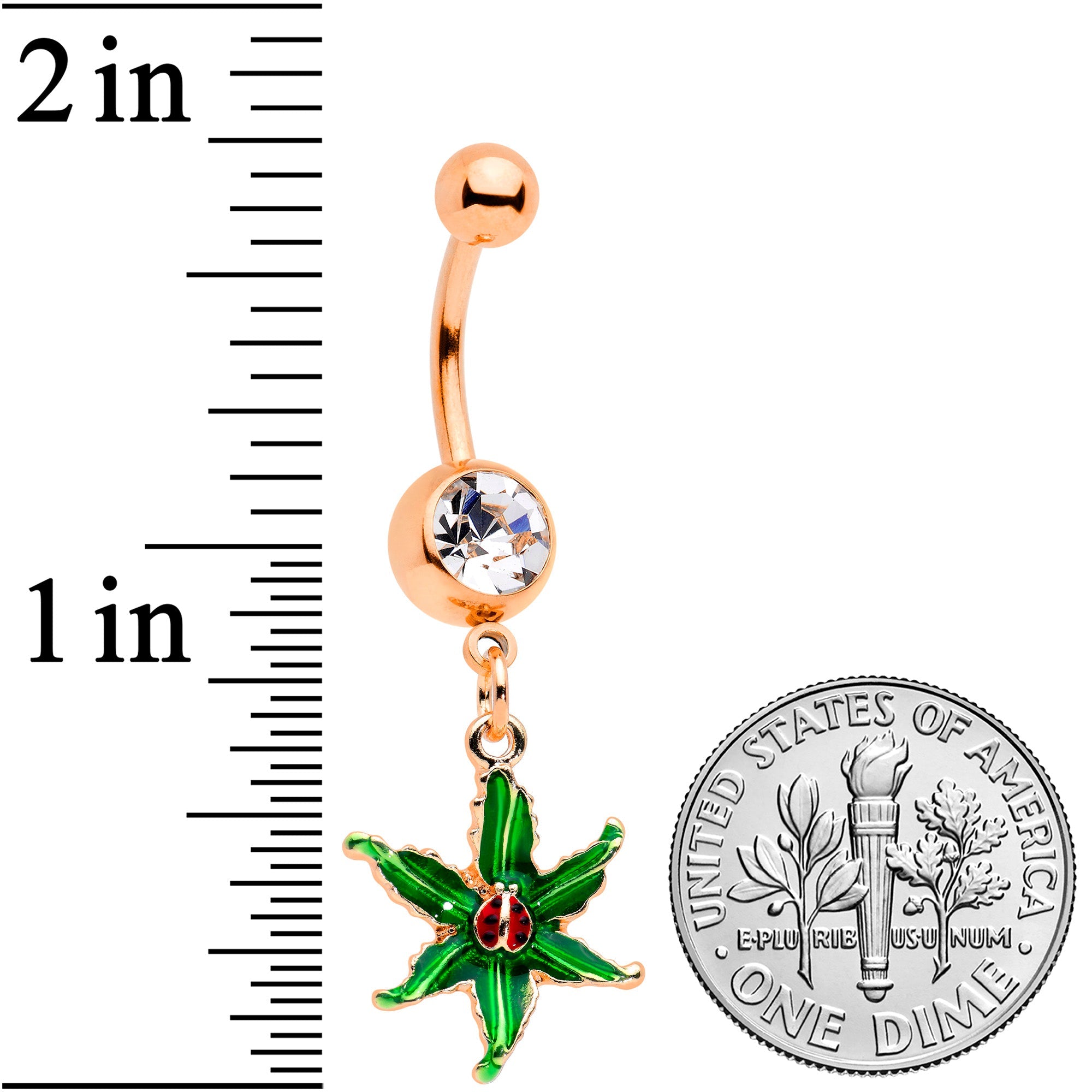 BodyCandy Clear Gem Rose Gold Tone Tiny Ladybug Leaves Dangle Belly Ring — detail close-up