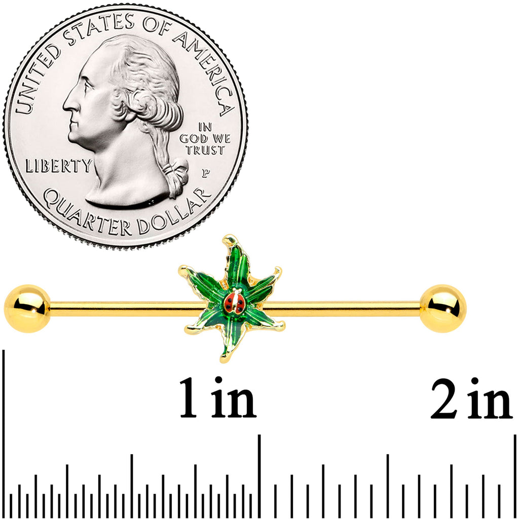 BodyCandy 14G Gold Tone Tiny Ladybug Leaves Industrial Barbell 38mm — detail close-up