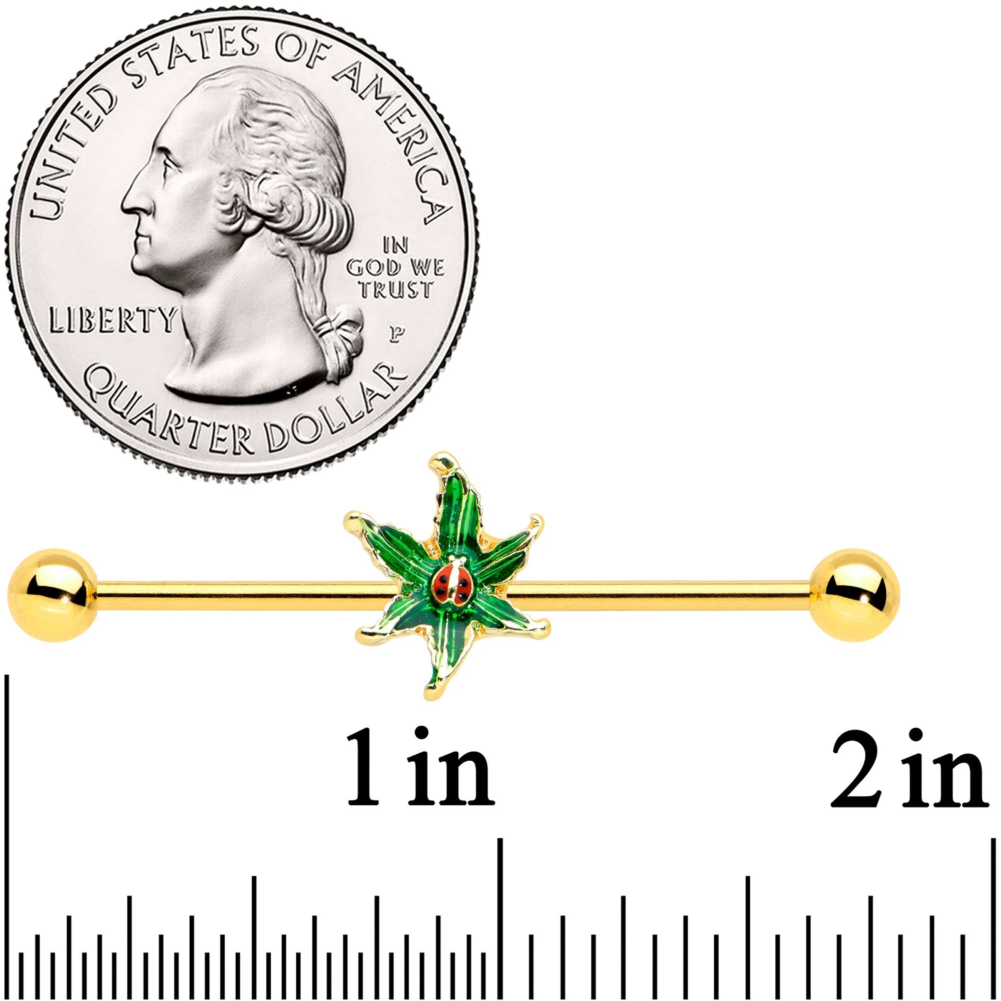 BodyCandy 14G Gold Tone Tiny Ladybug Leaves Industrial Barbell 38mm — detail close-up