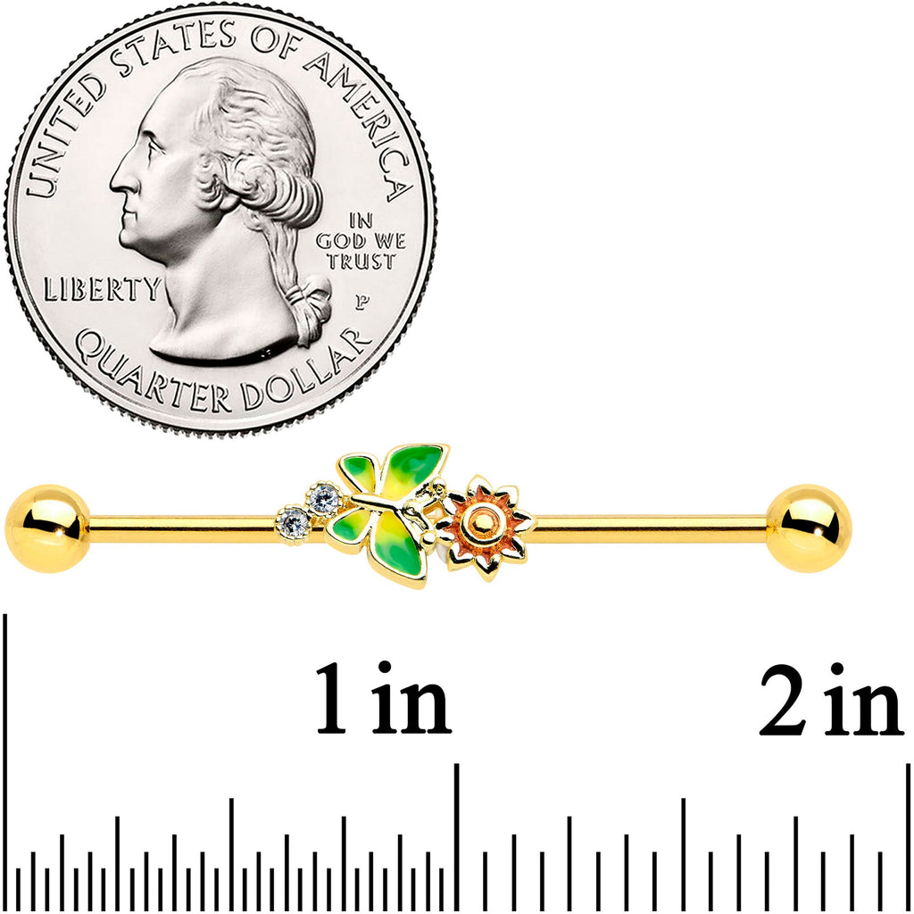 BodyCandy 14G Clear CZ Gem Gold Tone Sun Butterfly Industrial Barbell 38mm — detail close-up