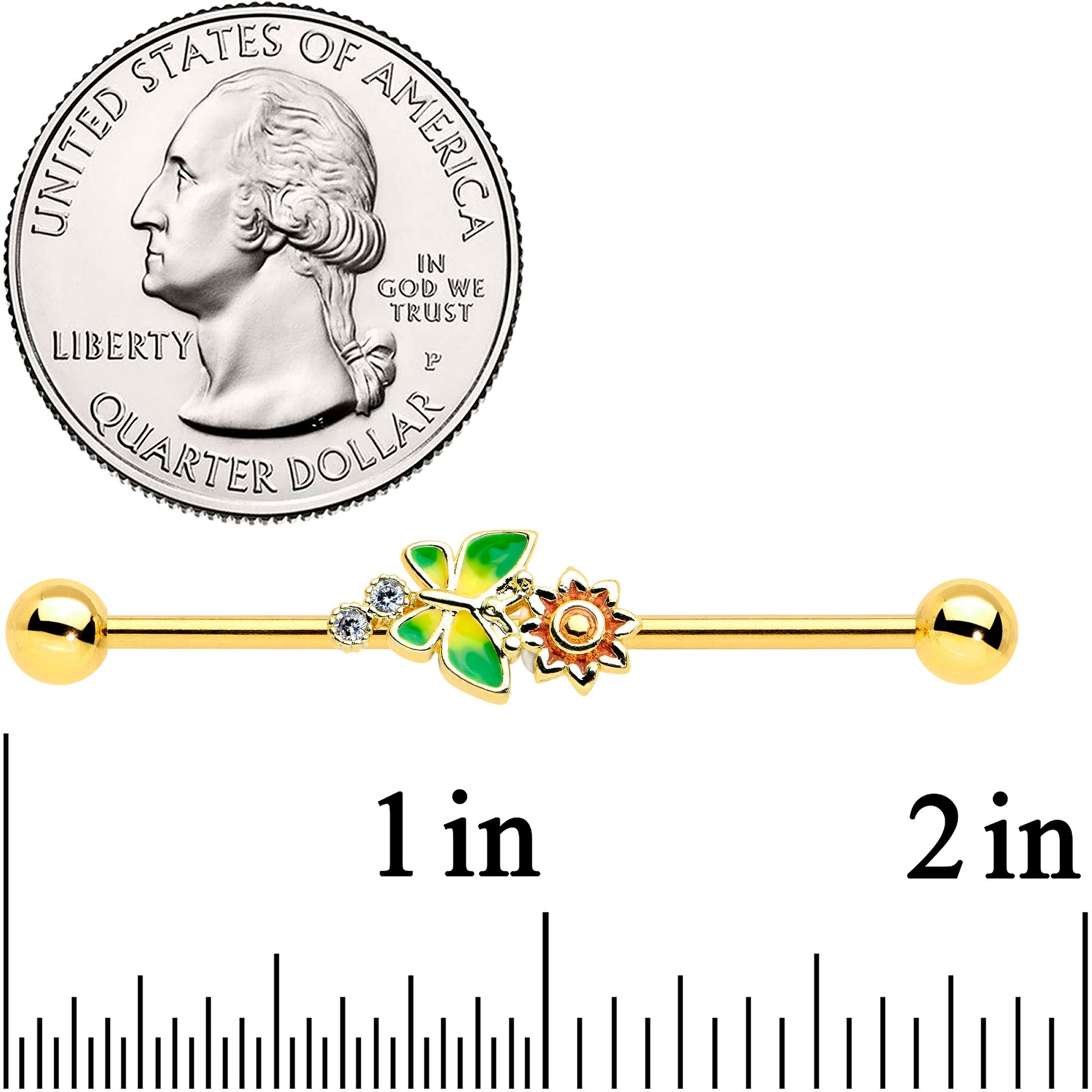 BodyCandy 14G Clear CZ Gem Gold Tone Sun Butterfly Industrial Barbell 38mm — detail close-up
