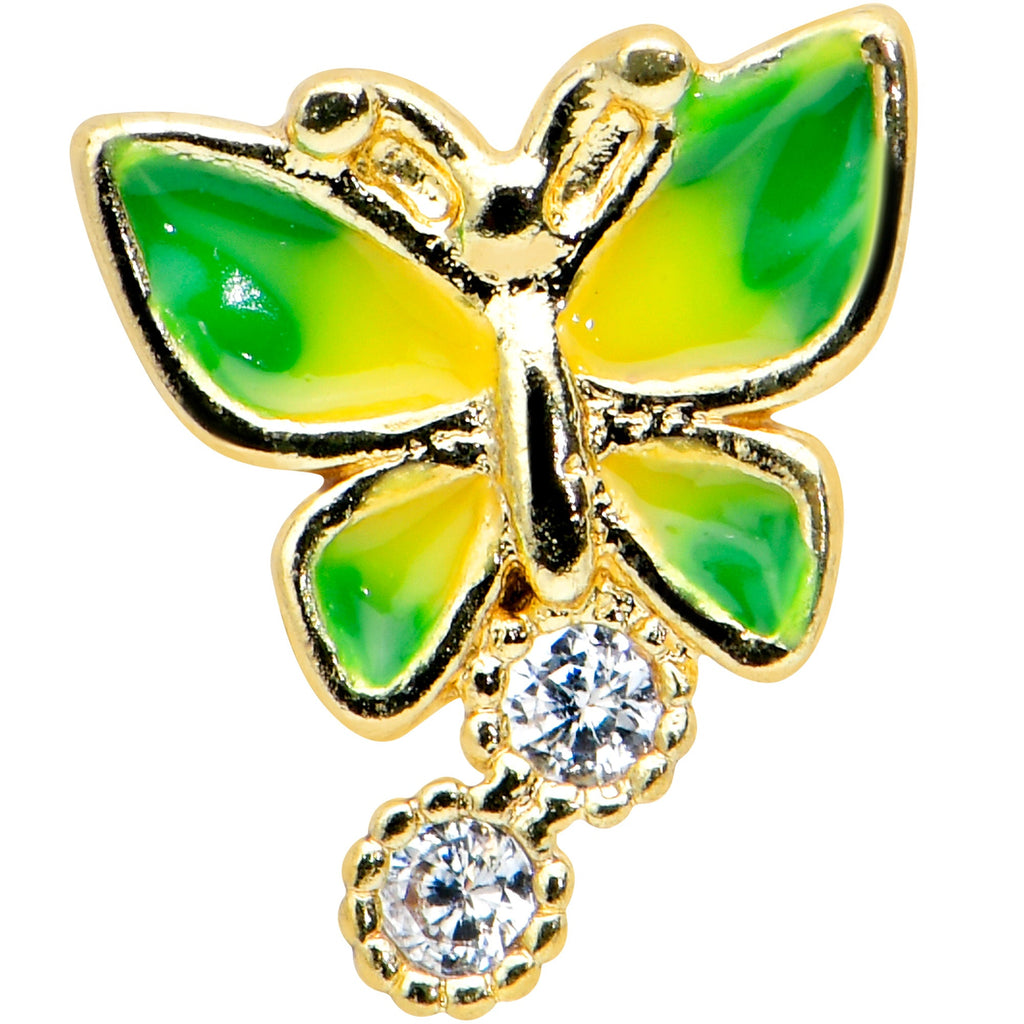 BodyCandy 16G 5/16 Clear CZ Gem Gold Tone Butterfly Green Labret Monroe Tragus — detail close-up