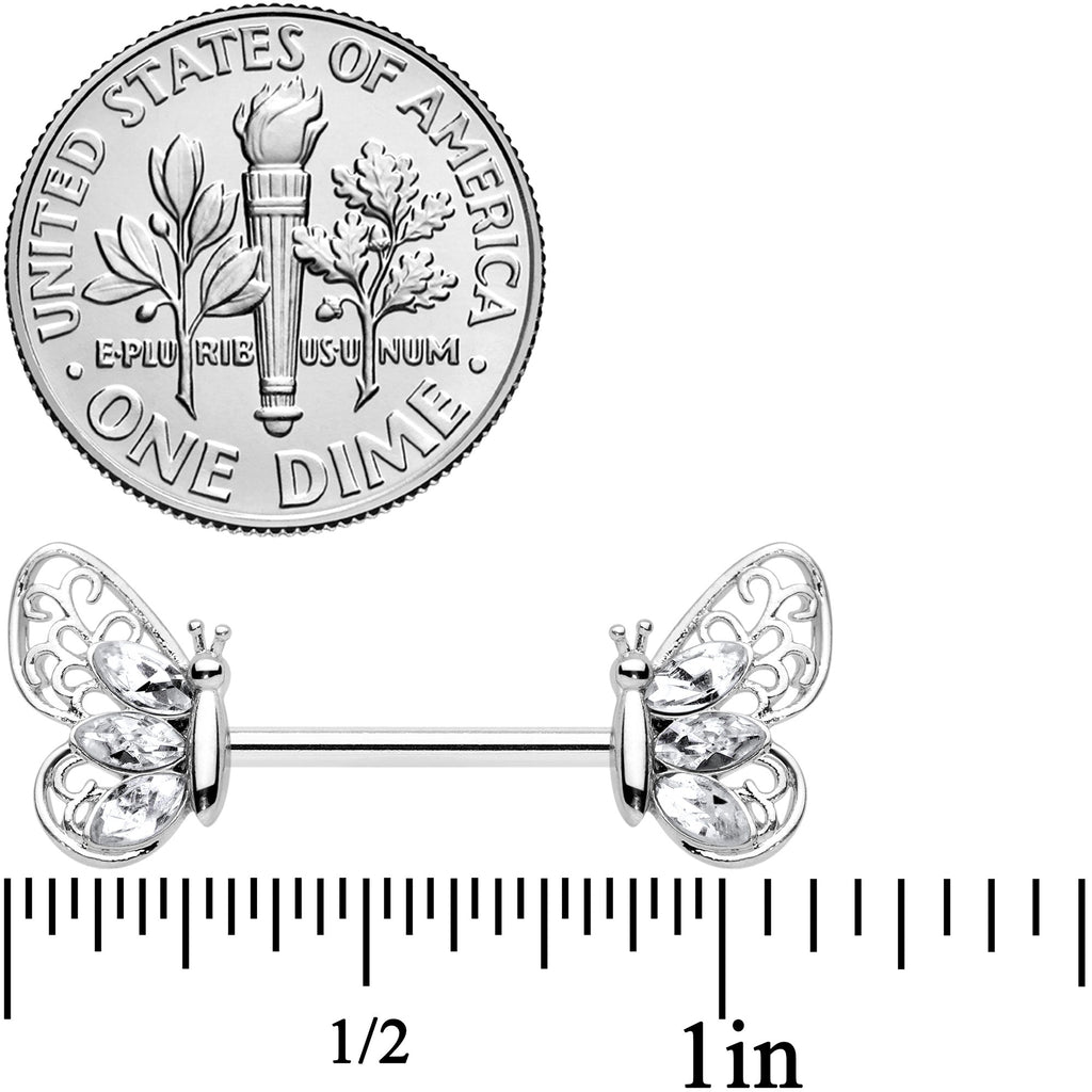BodyCandy 14G 9/16 Clear Gem Lacy Butterfly Barbell Nipple Ring Set — detail close-up