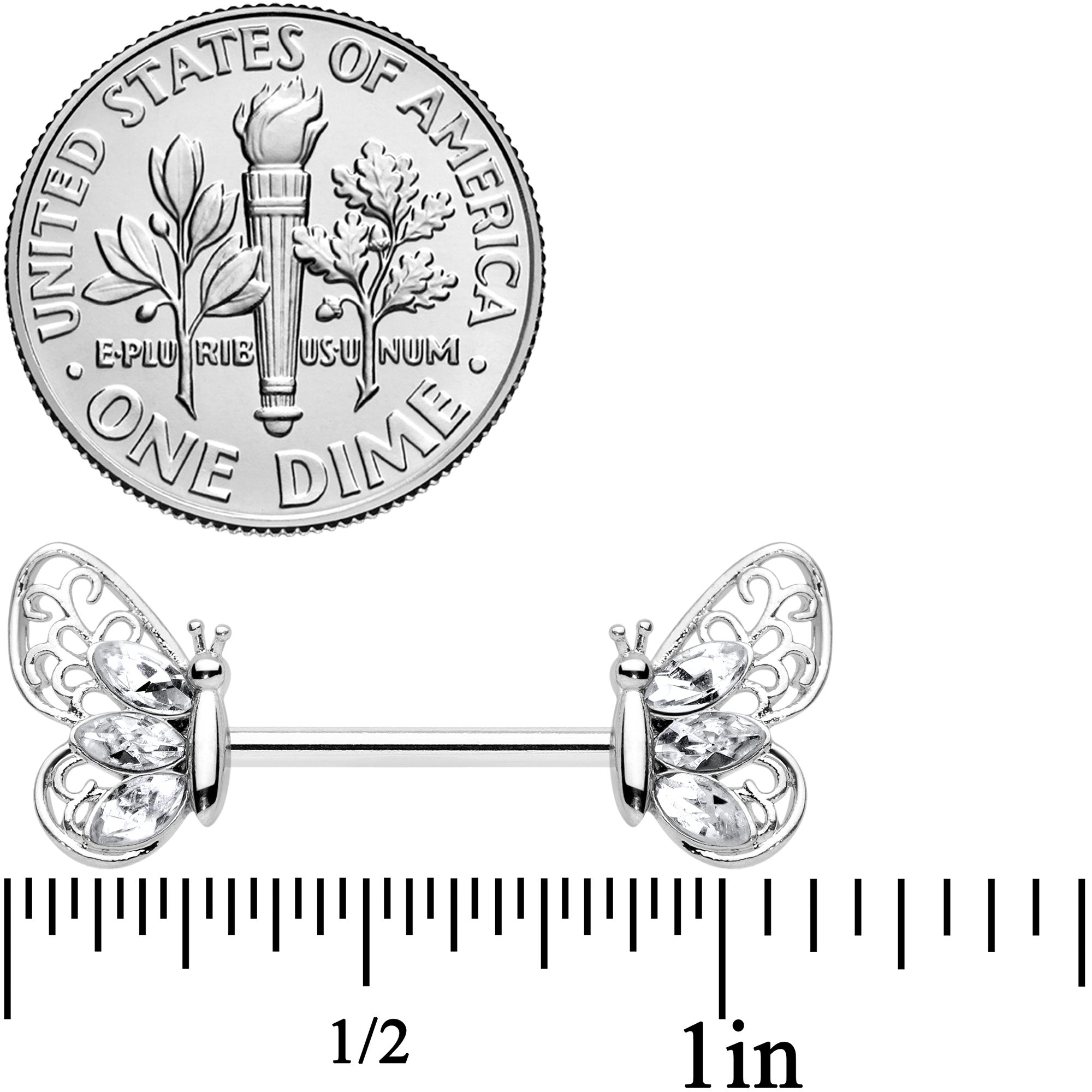 BodyCandy 14G 9/16 Clear Gem Lacy Butterfly Barbell Nipple Ring Set — detail close-up