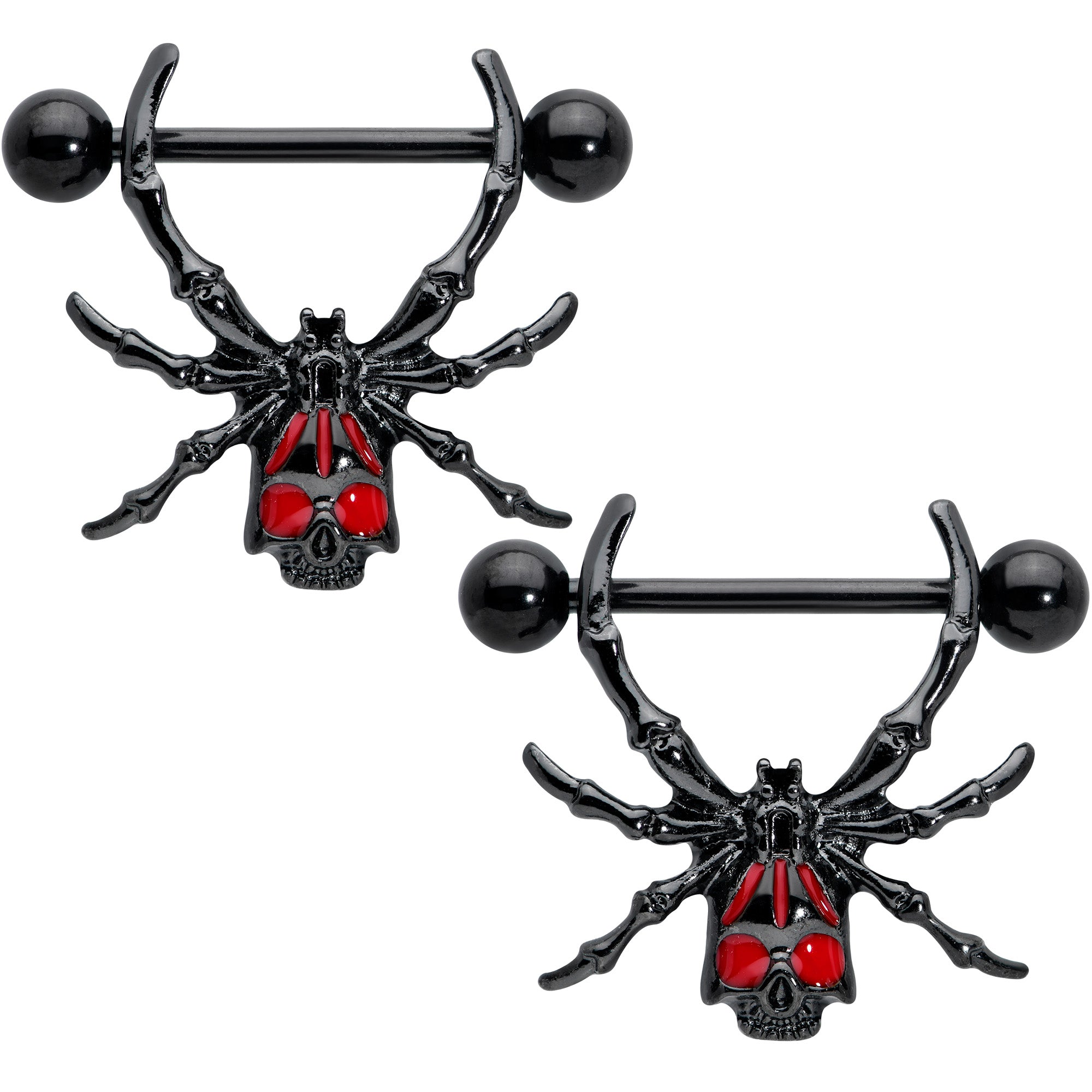 BodyCandy 14G 9/16 Black Red Skull Spider Halloween Nipple Shield Set — main product shot
