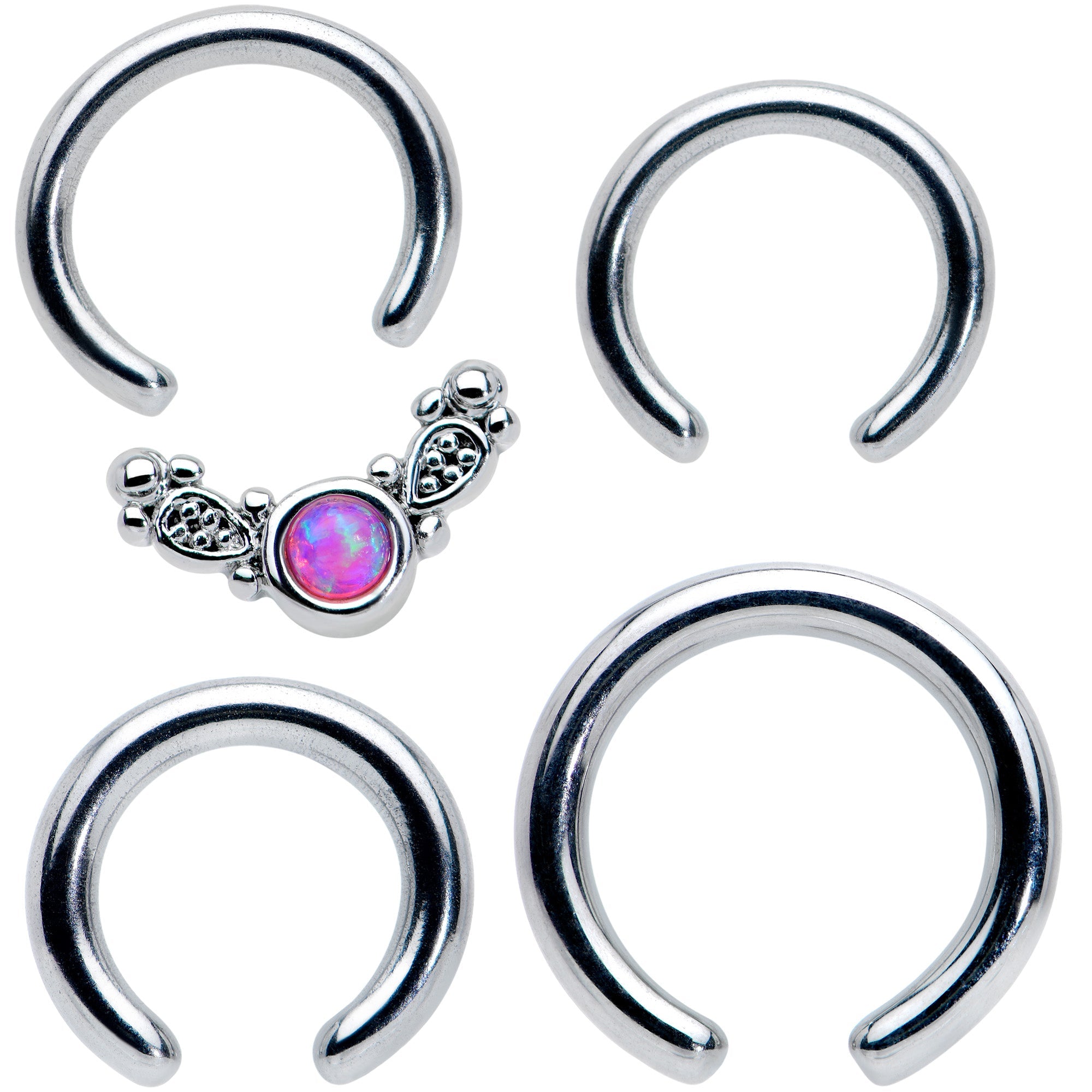 BodyCandy 14 16G 1/4 5/16 Pink Synthetic Opal Ornate Captive Ring Set of 4 — detail close-up