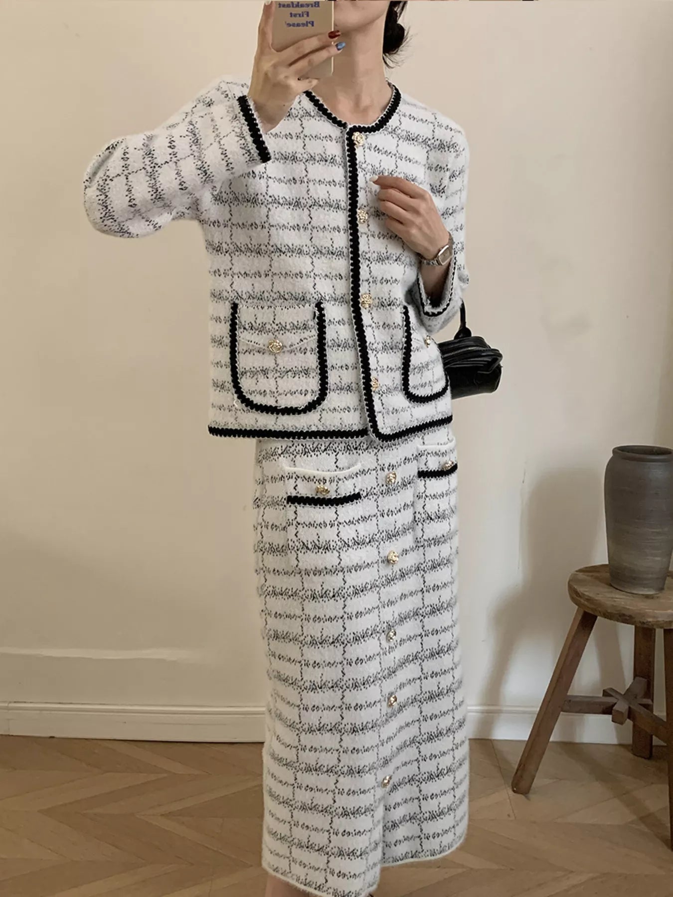 Tweed Contrast Trim Jacket and Skirt Set