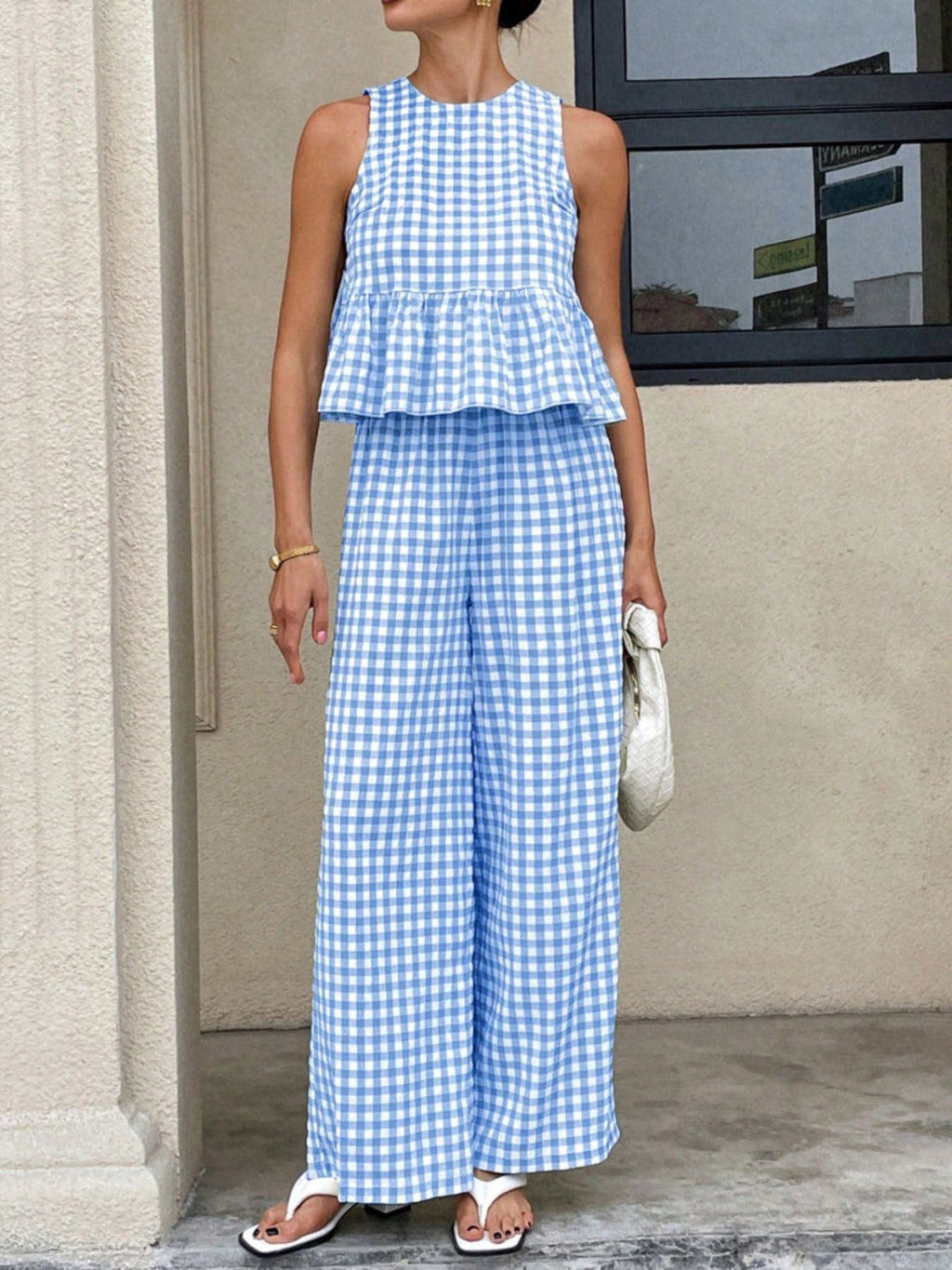 Gingham Sleeveless Top and Wide-Leg Pants Set