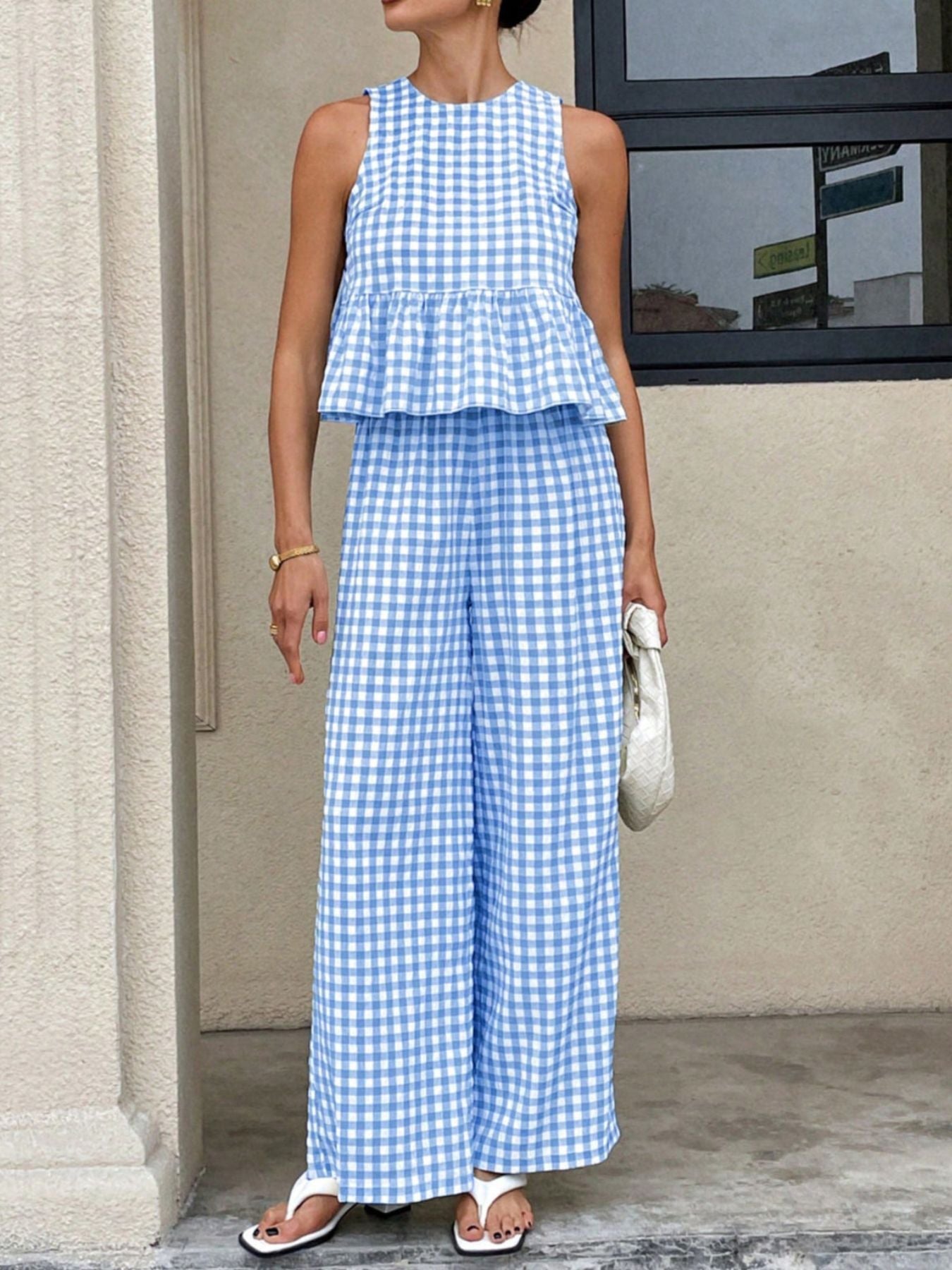 Gingham Sleeveless Top and Wide-Leg Pants Set