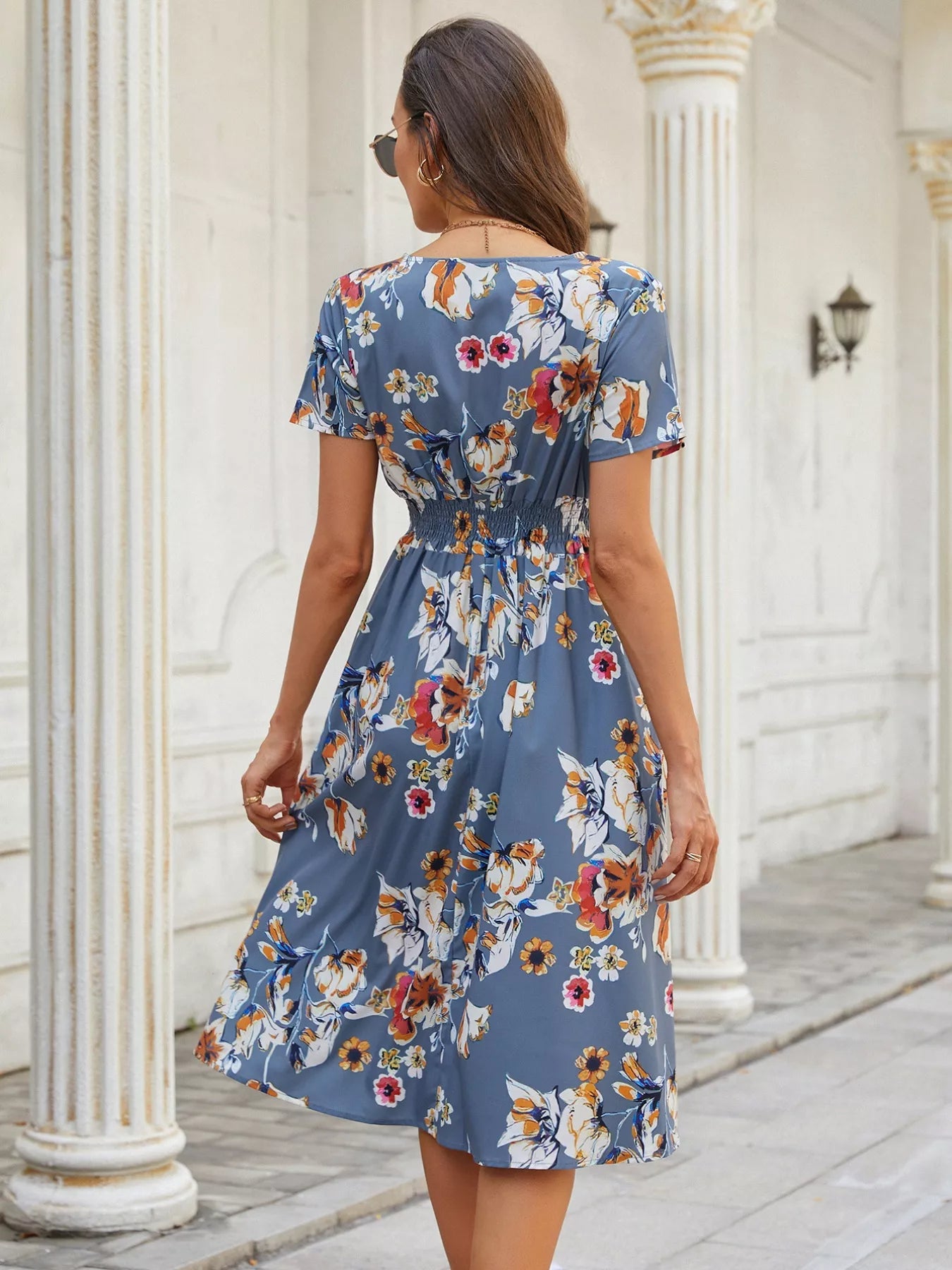 Printed Short Sleeve Midi Dress