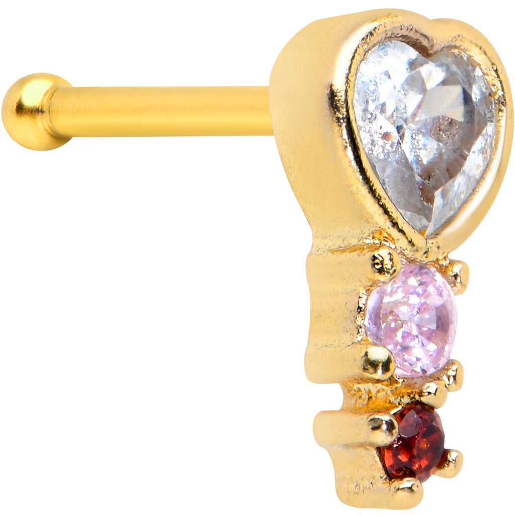 BodyCandy 20G 1/4 Clear Pink Red CZ Gem Gold Tone Heart Valentine Nose Bone — main product shot