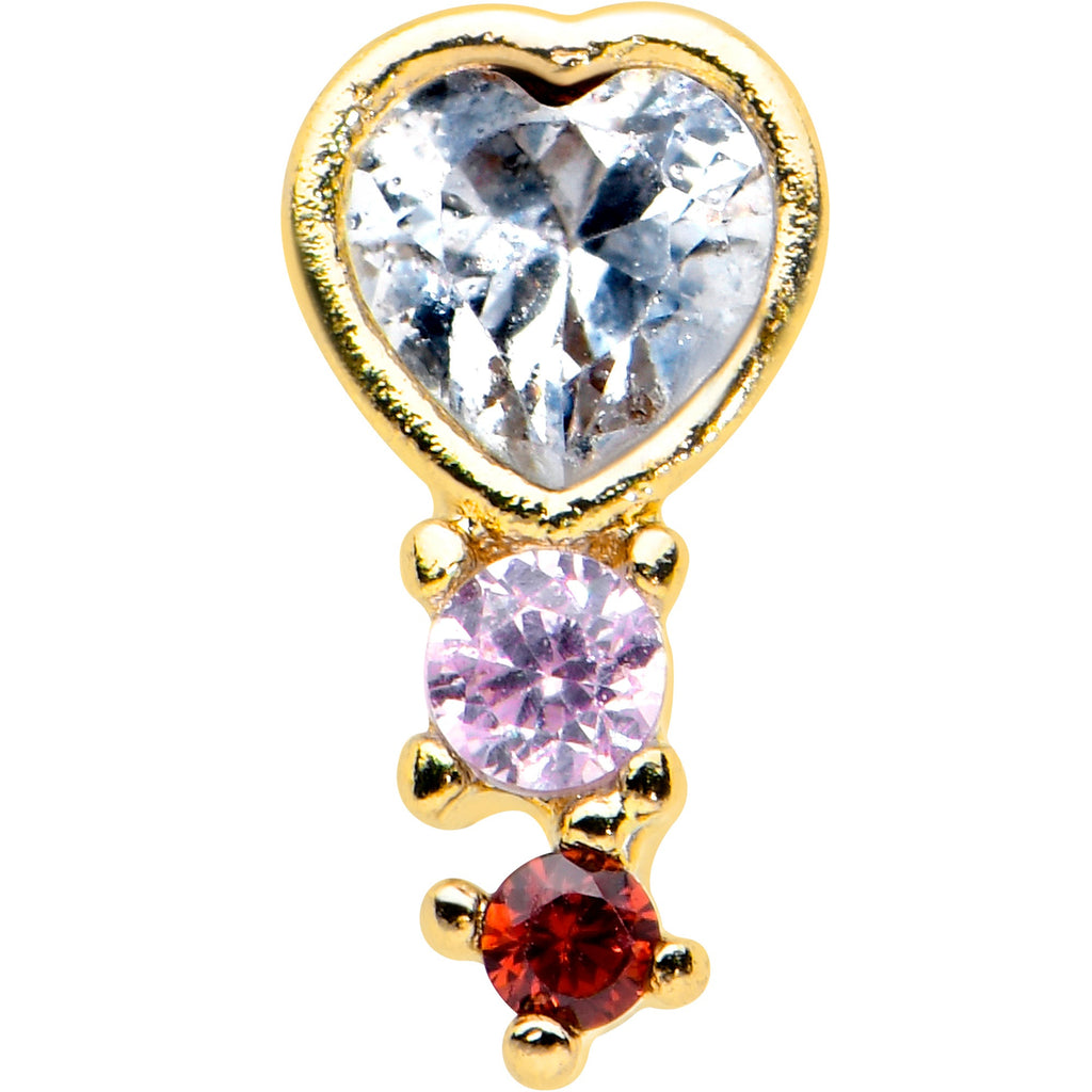 BodyCandy 20G 1/4 Clear Pink Red CZ Gem Gold Tone Heart Valentine Nose Bone — detail close-up