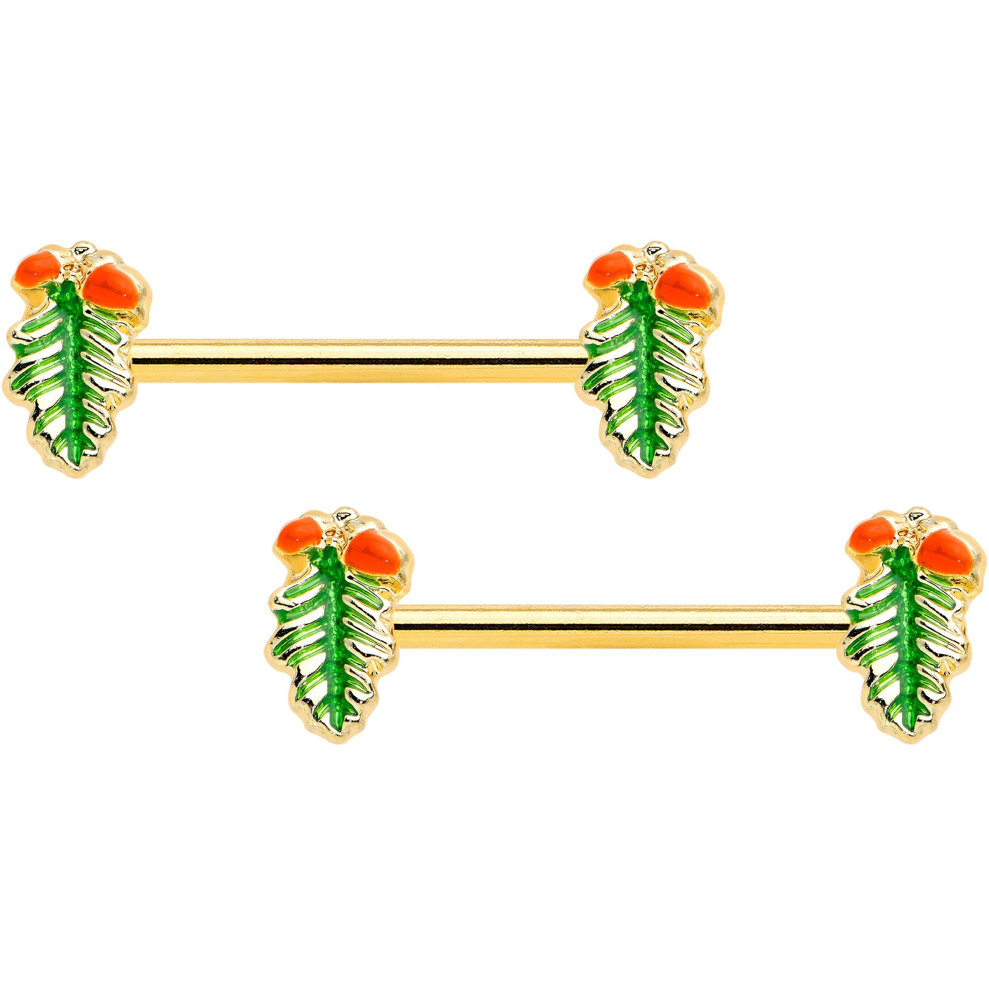BodyCandy 14G 11/16 Gold Hue Acorn Pine Cone Autumn Barbell Nipple Ring Set — main product shot
