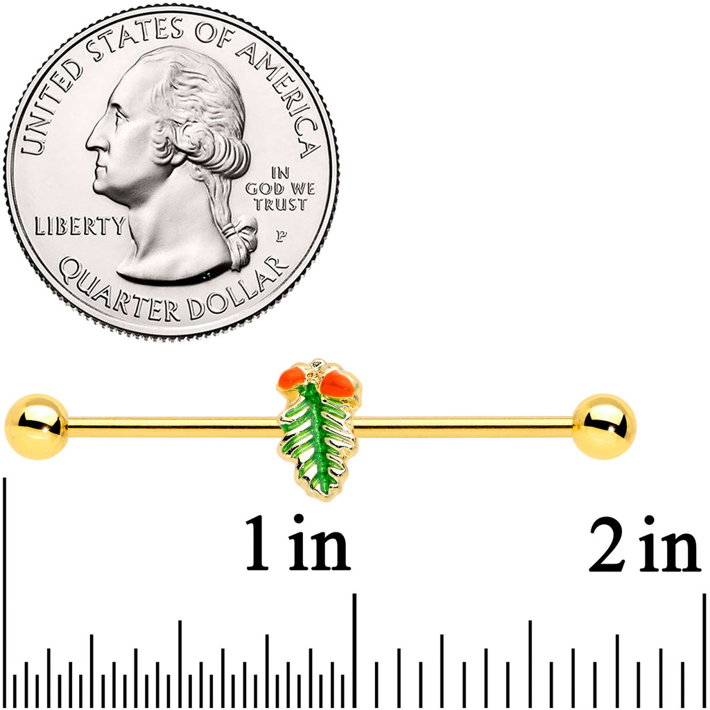 BodyCandy 14G Gold Tone Acorns Pine Cone Autumn Industrial Barbell 38mm — detail close-up